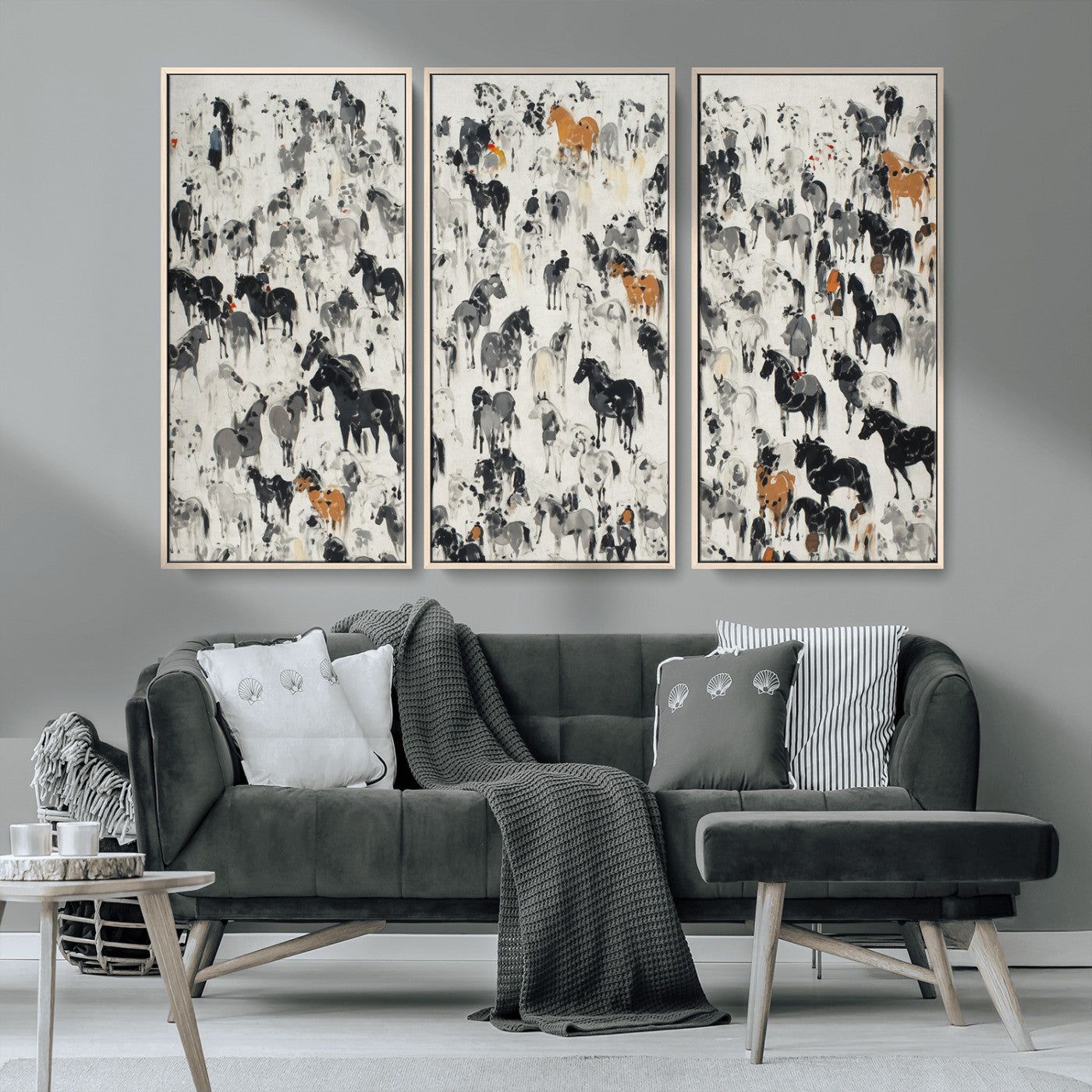 56463722-MGV-CV-36X24-Wild Horse Stampede Wall Art Canvas Print – Monochrome Running Horses Dynamic Motion Elegant Scene Artwork for Home, Office