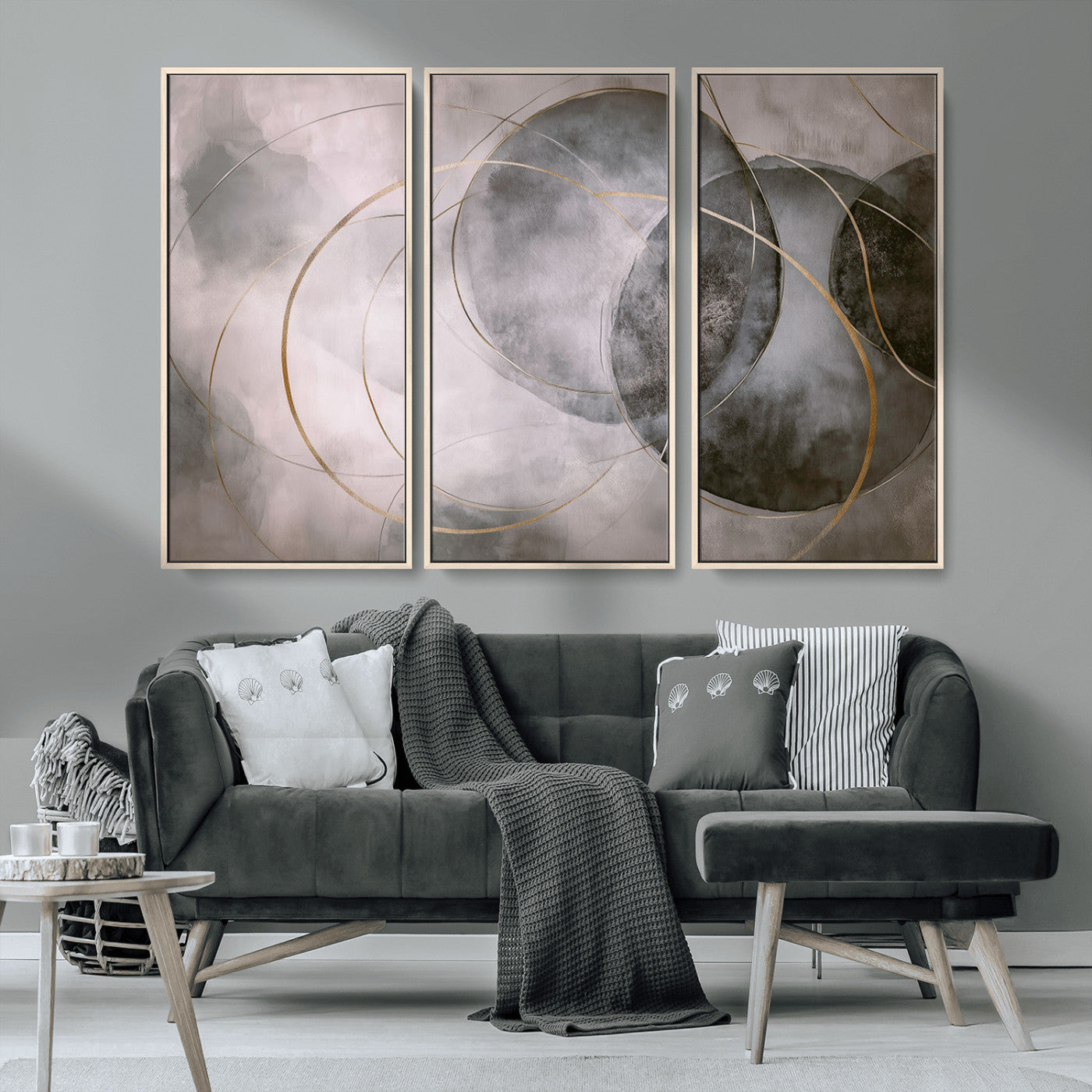 20066876-MGV-CV-36X24-Abstract Grey Gold Circle Wall Art – Modern Geometric Canvas Artwork, Minimal Elegant Design, Luxury Wall Decor for Home, Office