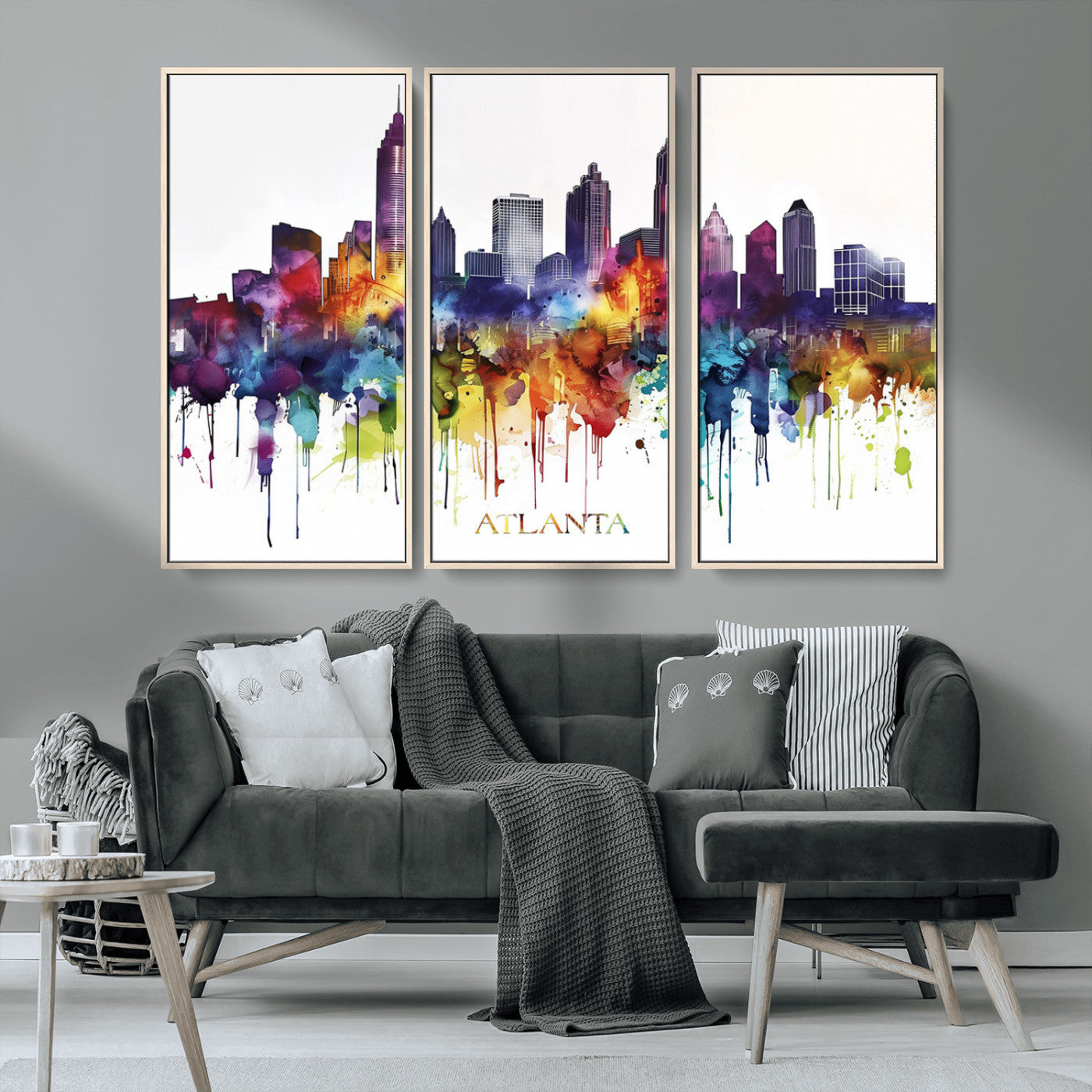 36048320-MGV-CV-36X24-Atlanta Skyline Wall Art Canvas Print – Framed Colorful Watercolor Cityscape Abstract Urban Artwork for Home, Office