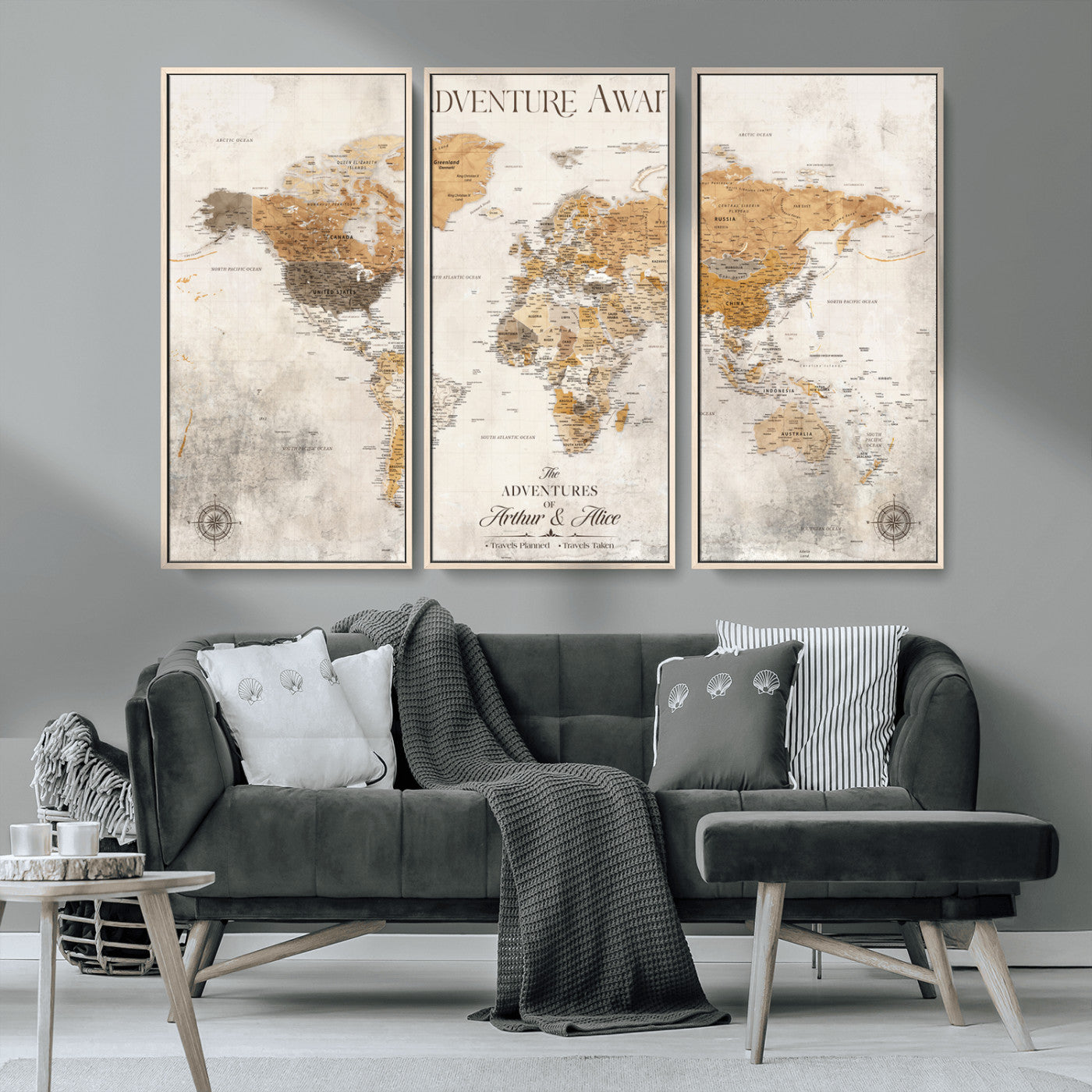 Rehber01-MGV-CV-36X24-Personalized World Map Canvas Print – Custom Push Pin Travel Map Vintage Neutral Style Gift for Couples Travelers for Home Office