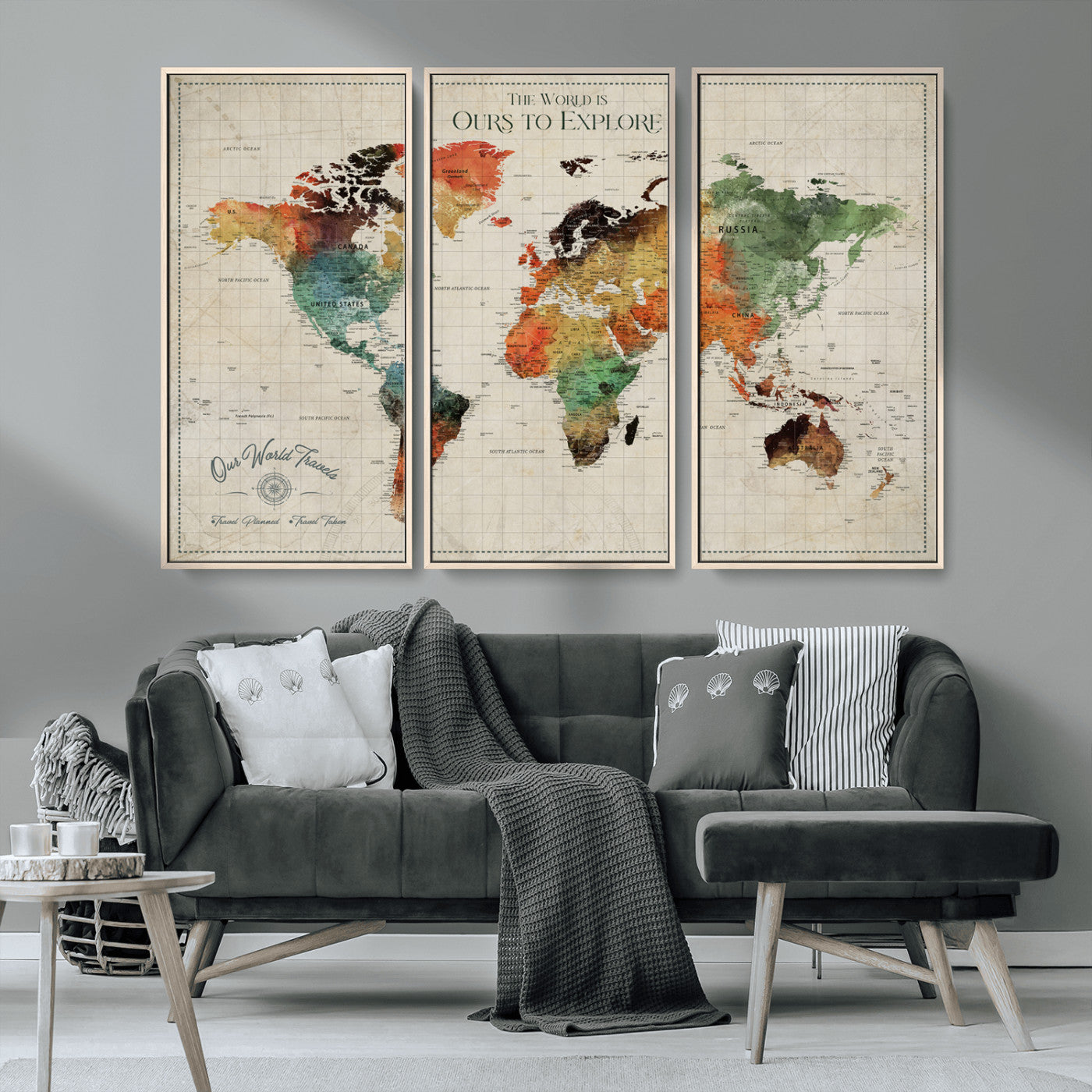 Rehber01-MGV-CV-36X24-Custom Push Pin World Map Wall Art Canvas Print – Personalized Travel Tracker Map Framed Artwork for Home Office