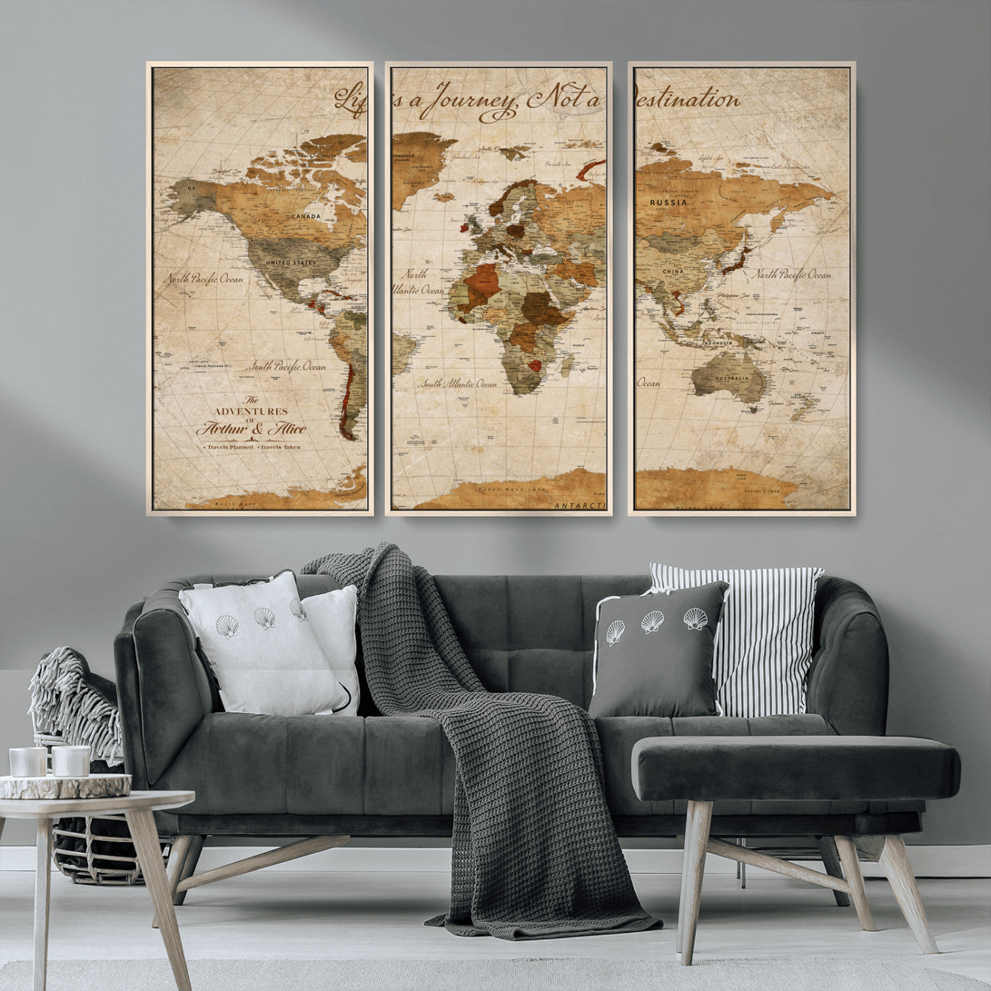 Rehber01-MGV-CV-36X24-Personalized Vintage World Map Canvas – Custom Framed Push Pin Travel Map Wall Art, Rustic Gift for Couples and Travel Lovers