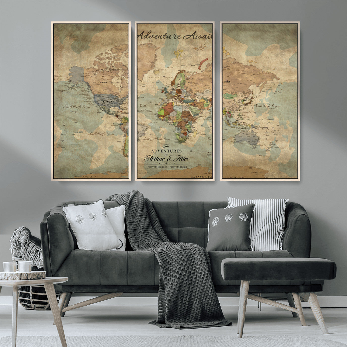 Rehber01-MGV-CV-36X24-Personalized Vintage World Map Canvas Print – Custom Push Pin Travel Map Antique Style Gift for Couples Travelers for Home Office