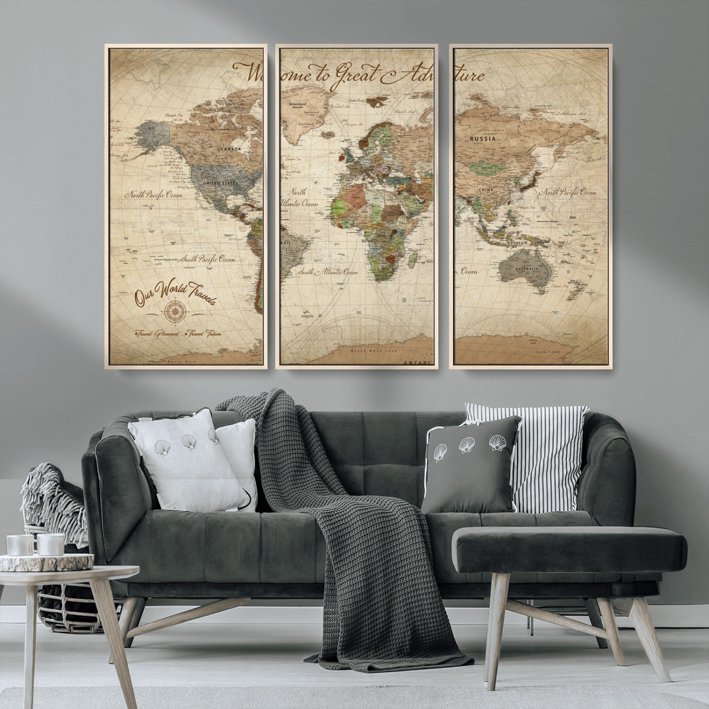 -Personalized Antique World Map Canvas Print – Custom Push Pin Travel Tracker Vintage Adventure Gift for Couples for Home, Office