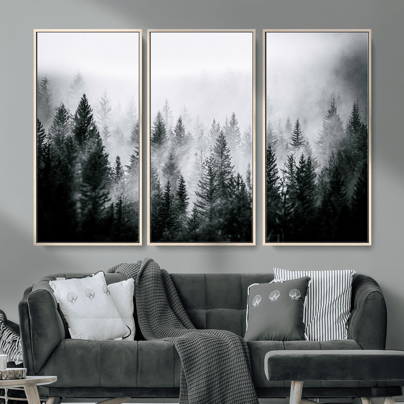 MGV-FC-48X32-3P - Foggy Pine Forest Canvas Wall Art – Black and White Nature Landscape Print, Horizontal Canvas for