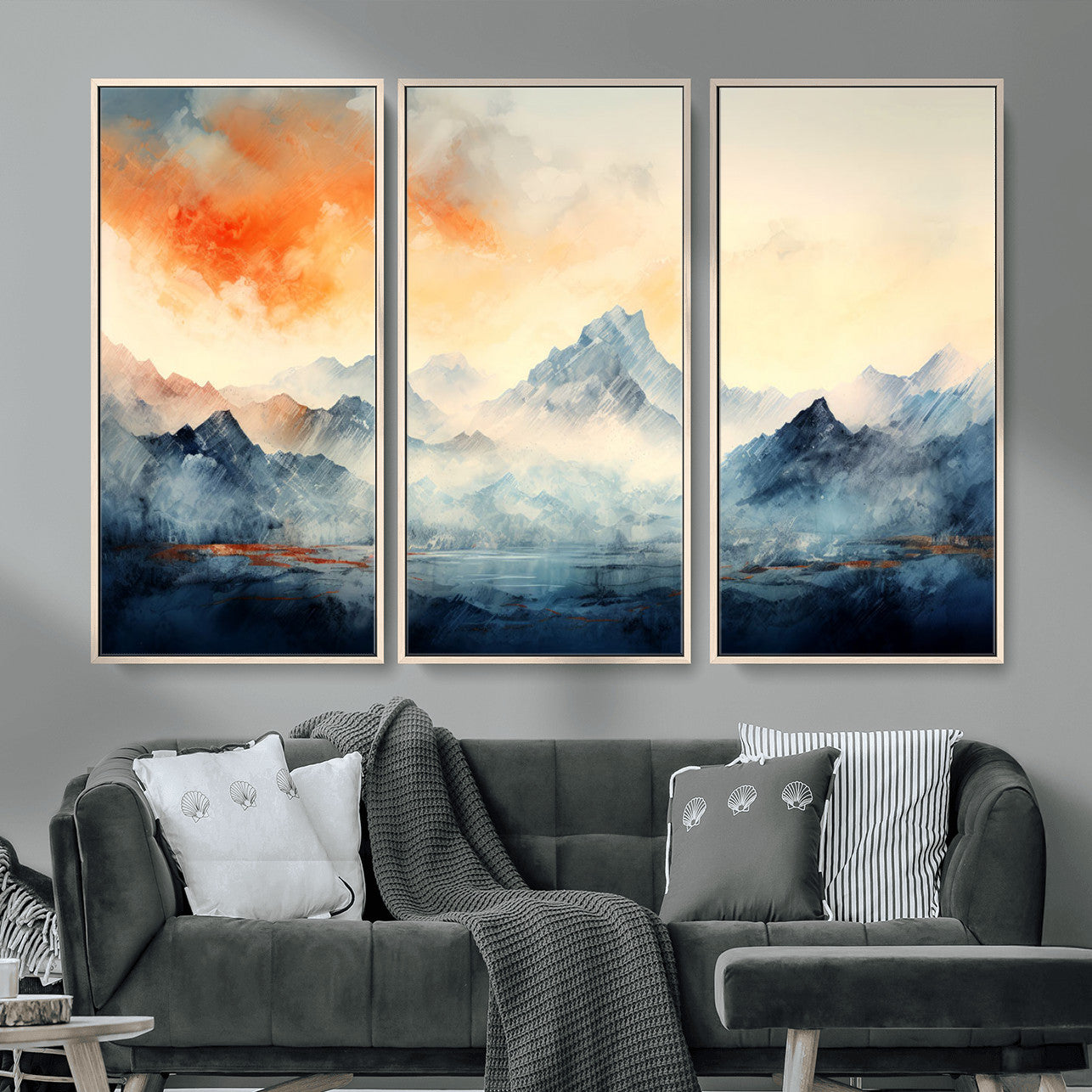 WRM1005-MGV-FC-48X32-3P - Warm Clouds Abstract Mountain Wall Art, Modern Landscape Canvas Print, Minimal Framed Artwork for Home, Office