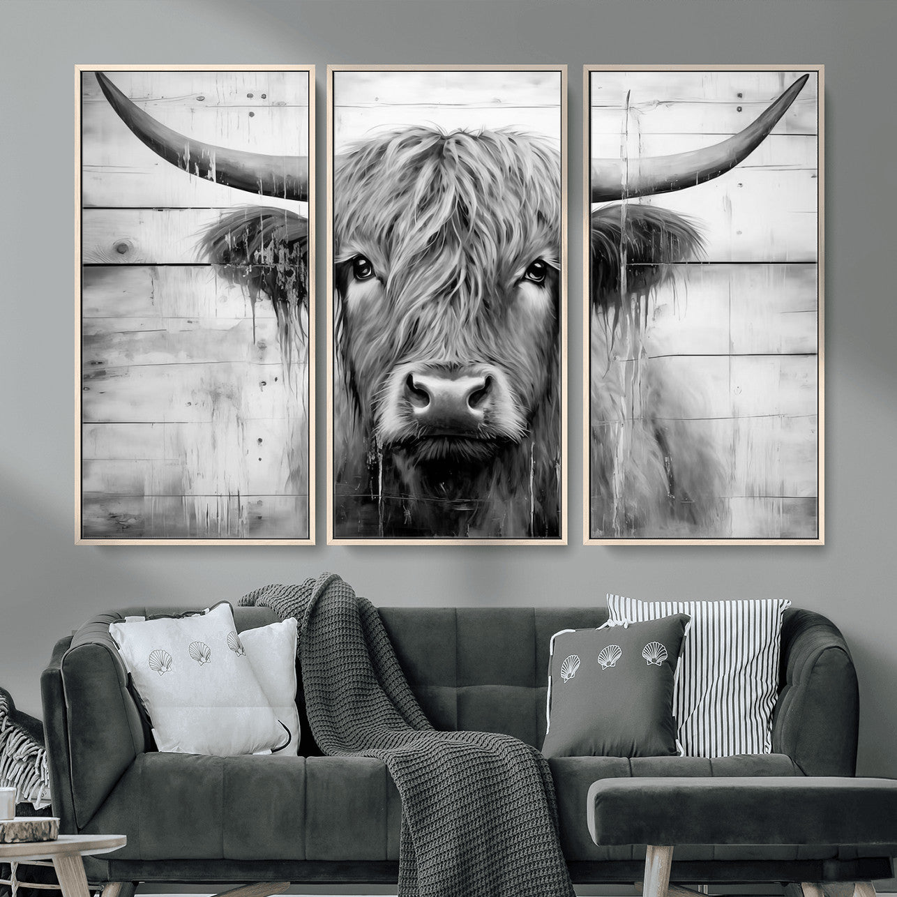 1001HASAN27-MGV-FC-48X32-3P - Black White Highland Cow Wall Art Canvas Print
