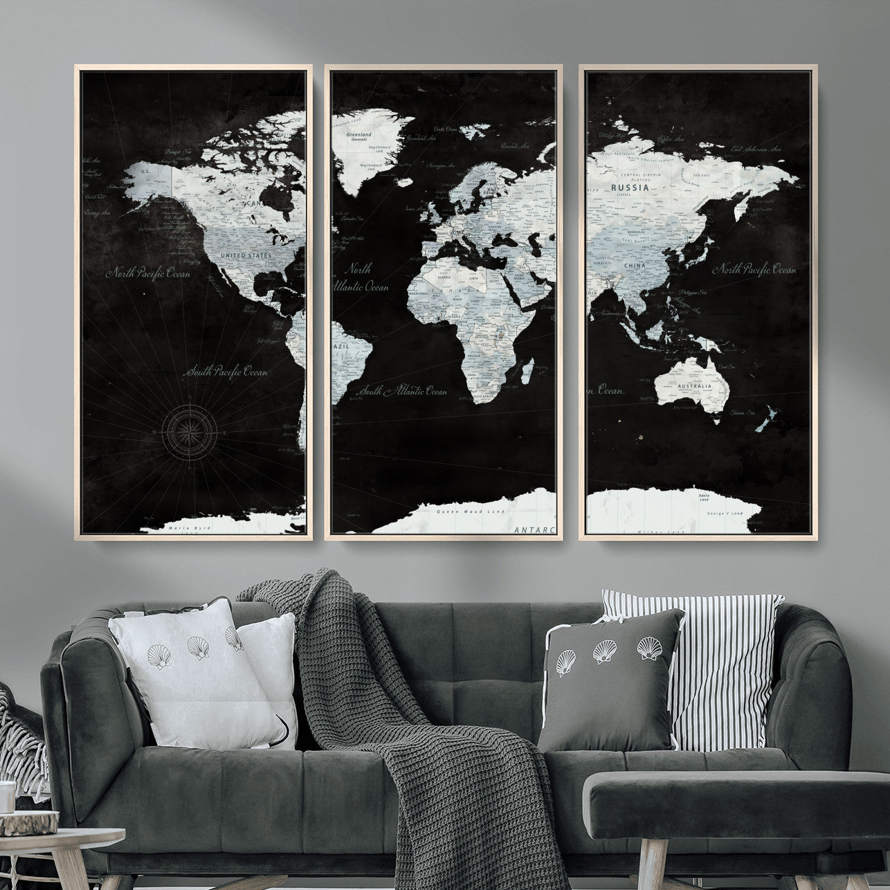30759283-MGV-FC-48X32-3P - World Map Wall Art Canvas Print, Modern Decorative Framed Map Artwork Prints for Living Room, Office, Bedroom Wall Decor