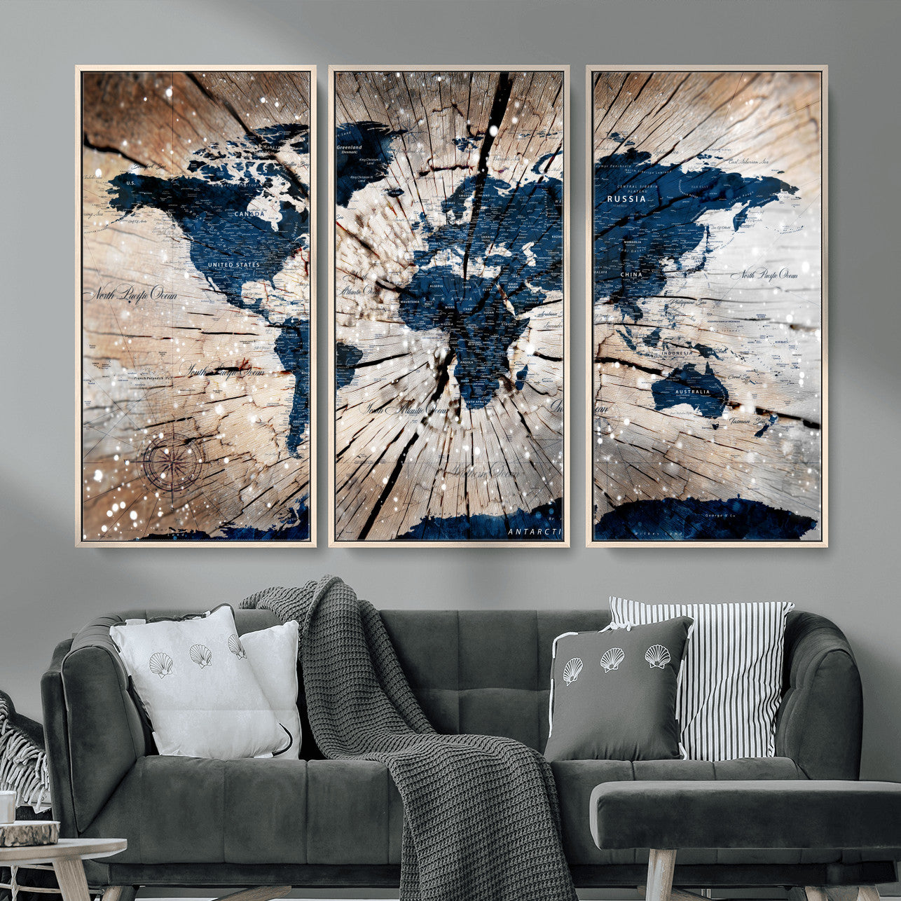 99001695-MGV-FC-48X32-3P - World Map Wall Art Canvas Print, Modern Decorative Framed Map Artwork Prints for Living Room, Office, Bedroom Wall Decor