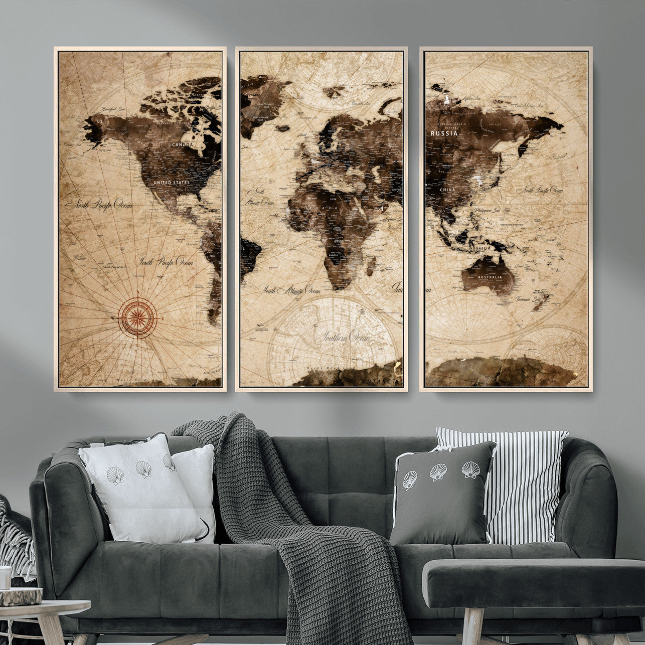 97114757-MGV-FC-48X32-3P - Vintage World Map Wall Art Canvas Print, Modern Decorative Framed Map Artwork Prints for Living Room, Office, Bedroom Wall Decor