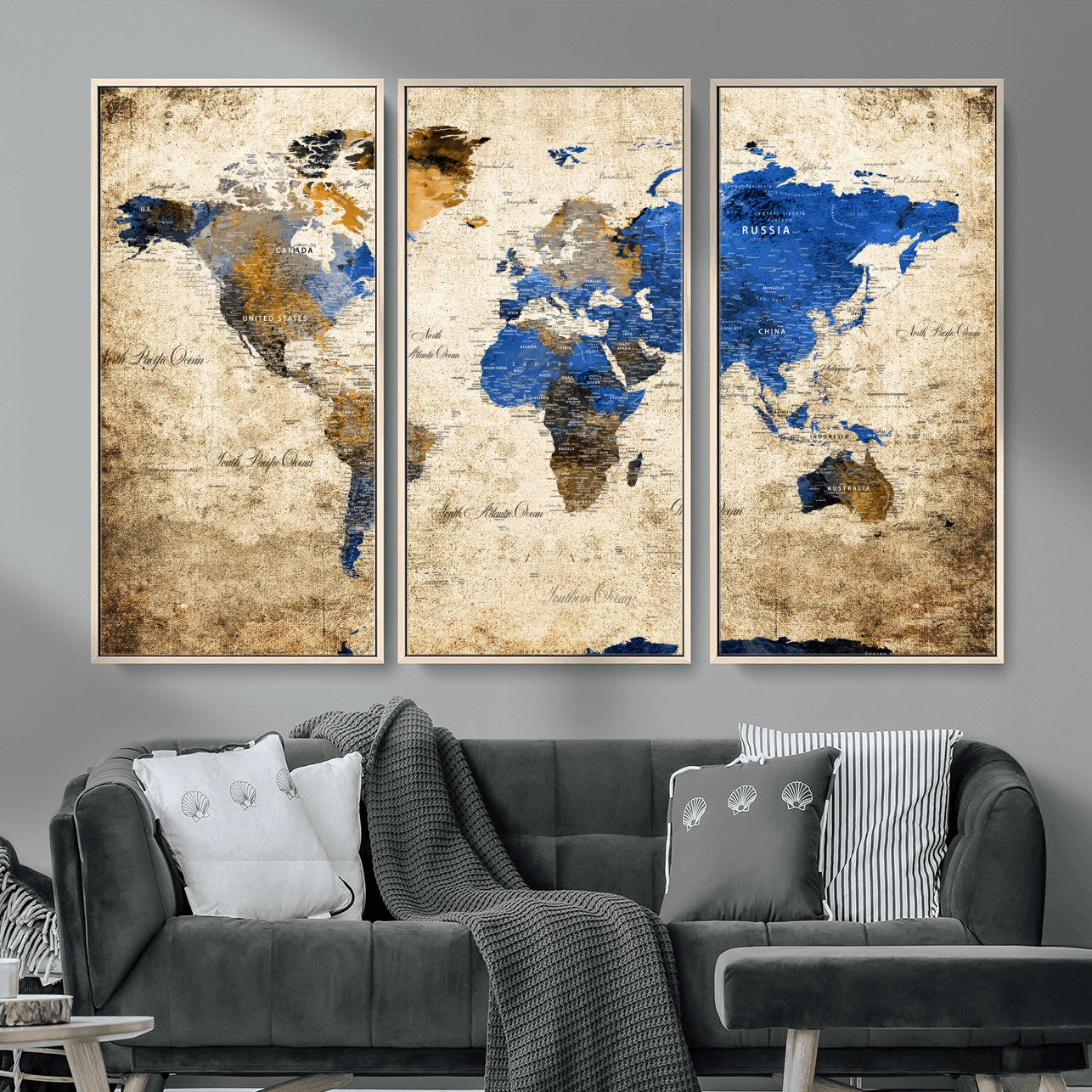 13564339-MGV-FC-48X32-3P - World Map Wall Art Canvas Print, Modern Decorative Framed Map Artwork Prints for Living Room, Office, Bedroom Wall Decor