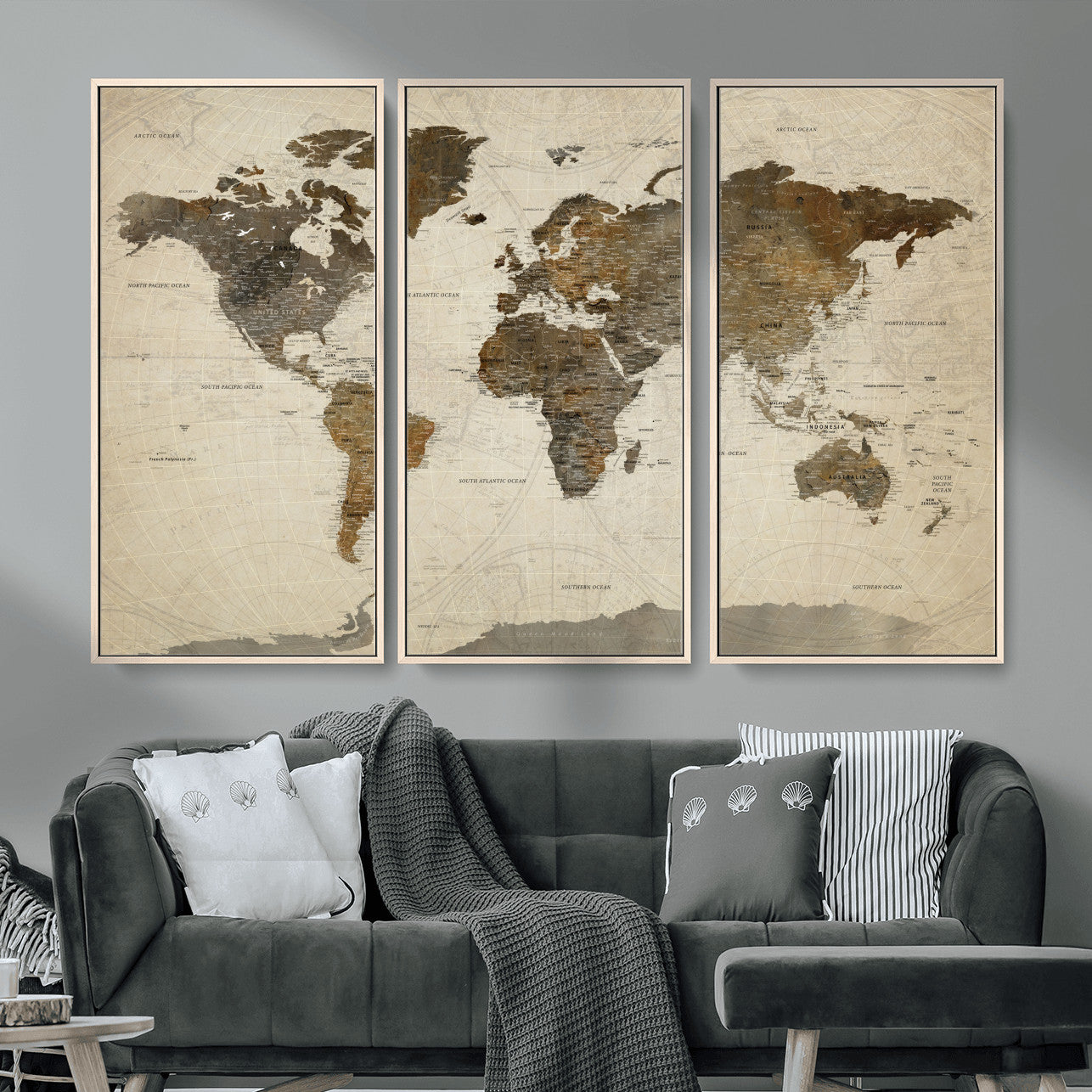 91849163-MGV-FC-48X32-3P - World Map Wall Art Canvas Print, Modern Decorative Framed Map Artwork Prints for Living Room, Office, Bedroom Wall Decor
