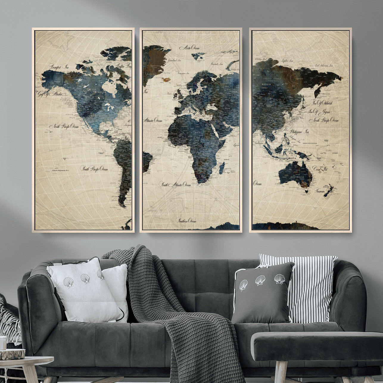 33438443-MGV-FC-48X32-3P - World Map Wall Art Canvas Print, Modern Decorative Framed Map Artwork Prints for Living Room, Office, Bedroom Wall Decor