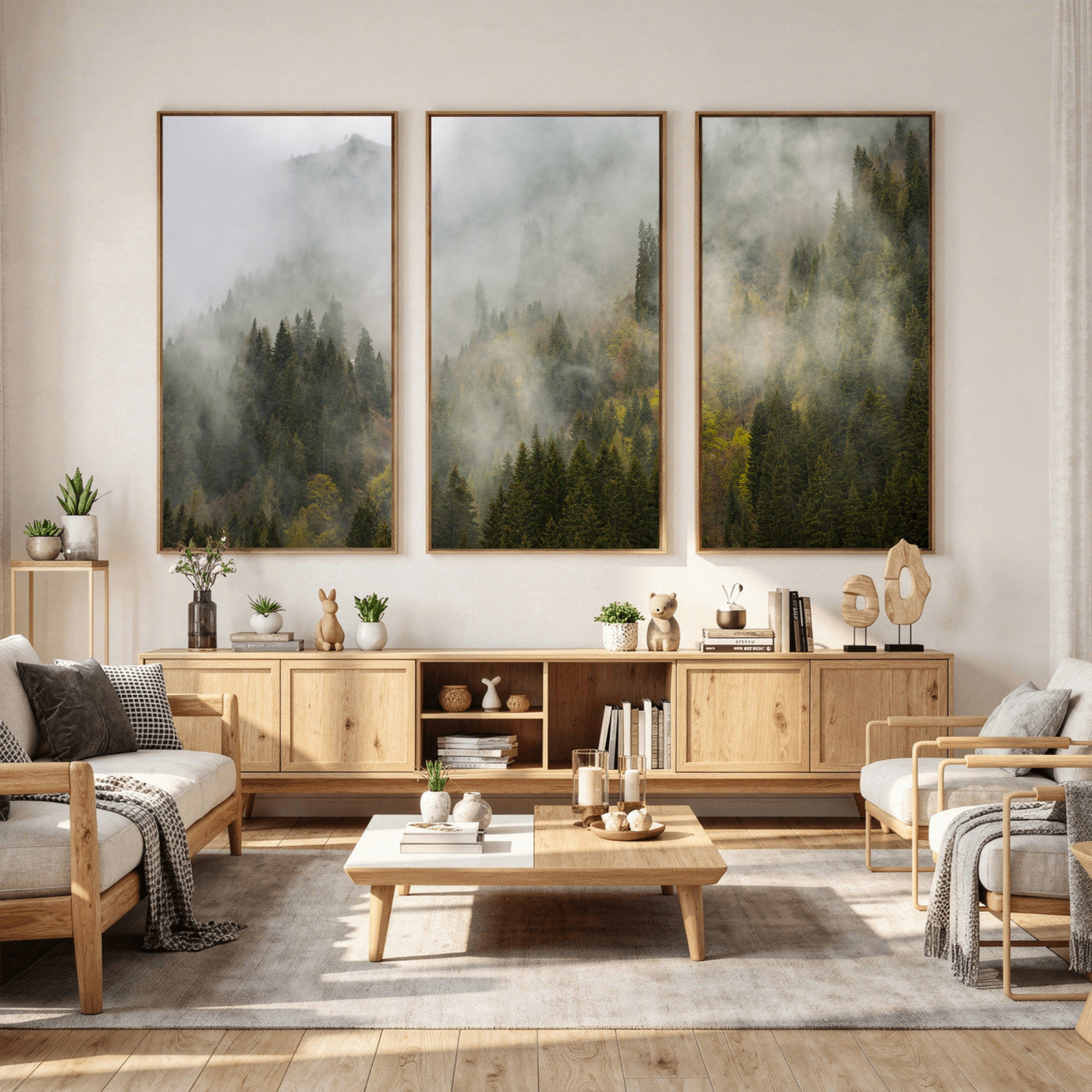 31152954-MGV-CV-36X24 - Misty Mountain Forest Canvas Print, Foggy Pine Trees Nature Wall Art, Framed Canvas Ready to Hang