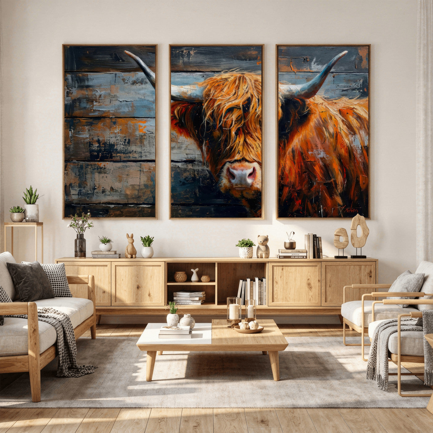 90271423-MGV-CV-36X24 - Highland Cow Wall Art Canvas Print, Abstract Rustic Farm Animal Wall Art Print, Framed Wall Art Ready to Hang