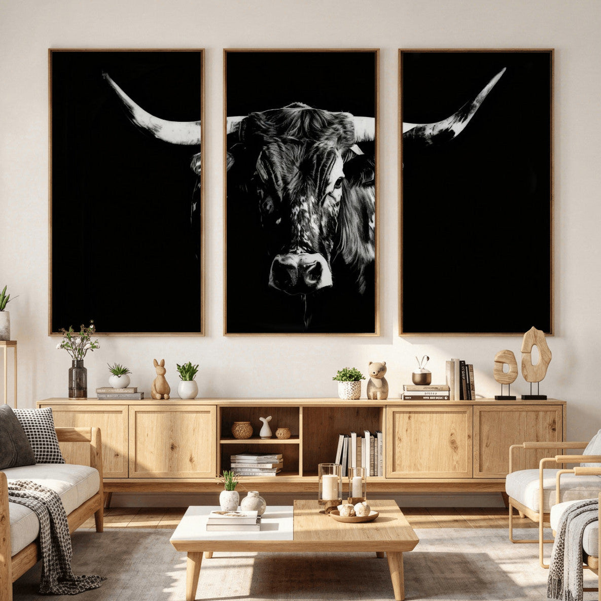 21436434-MGV-CV-36X24 - Black Bull Wall Art Canvas Print, Dark Longhorn Portrait Photography, Framed Wall Art Ready to Hang