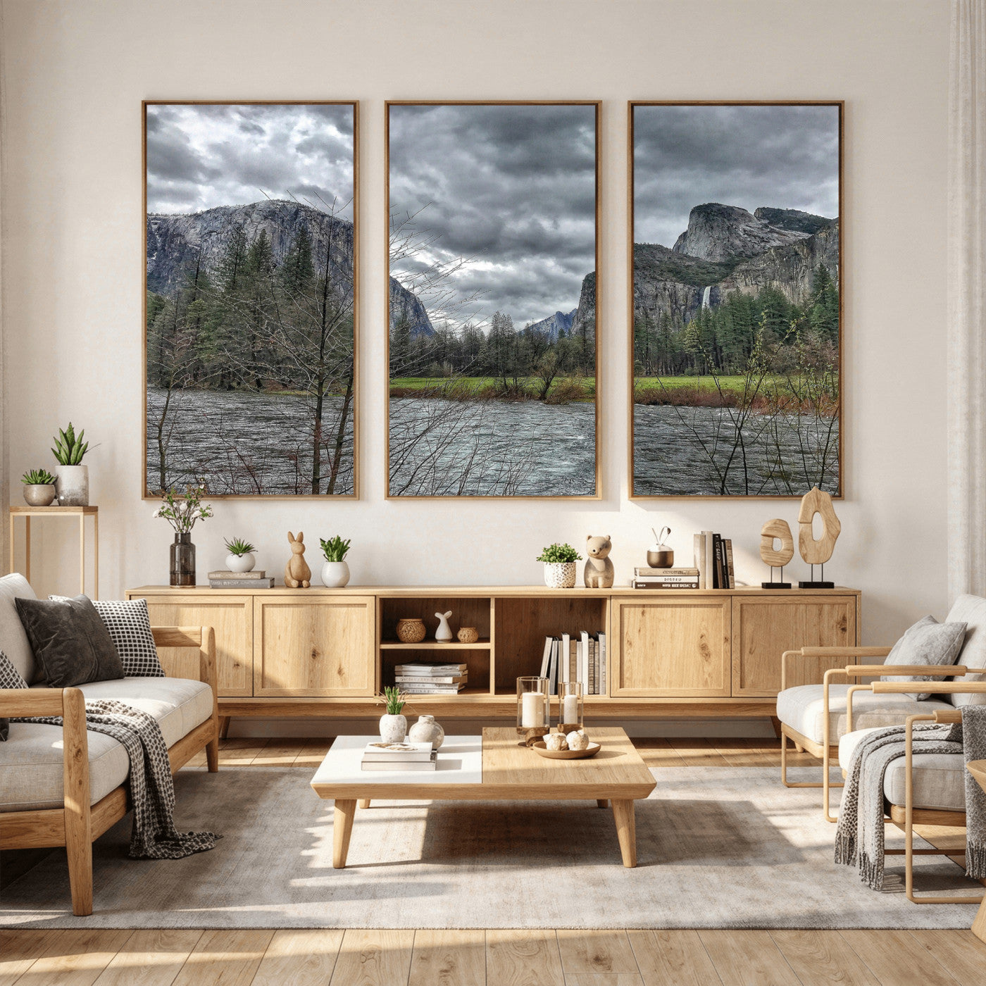 75582552-MGV-CV-36X24 - Yosemite Valley River Landscape Wall Art Canvas Print, Granite Cliffs Forest River Canvas Print, California National Park Moody Scenic Art Printi