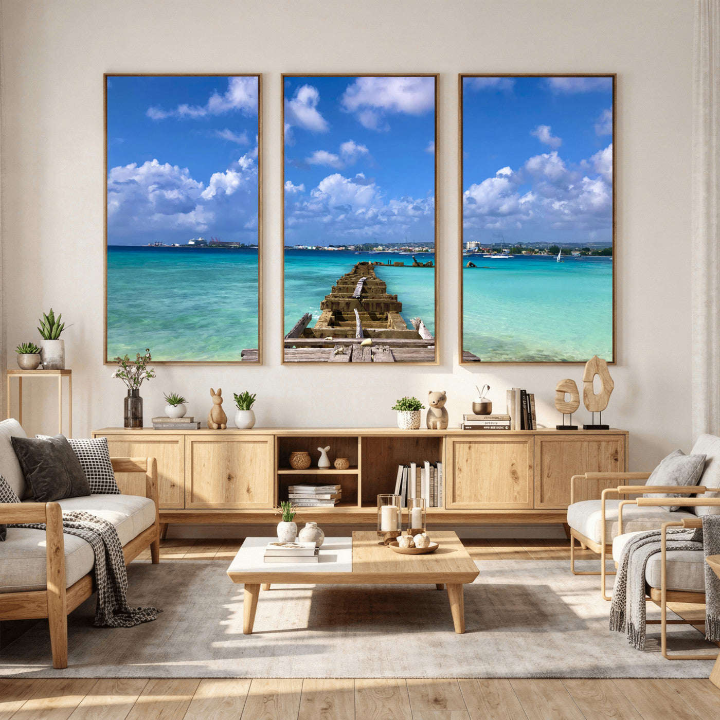 43165024-MGV-CV-36X24 - Caribbean Ocean Pier Seascape Wall Art Canvas Print, Turquoise Sea Tropical Harbor Canvas Print, Island Coastal Blue Water Scenic Art Printing