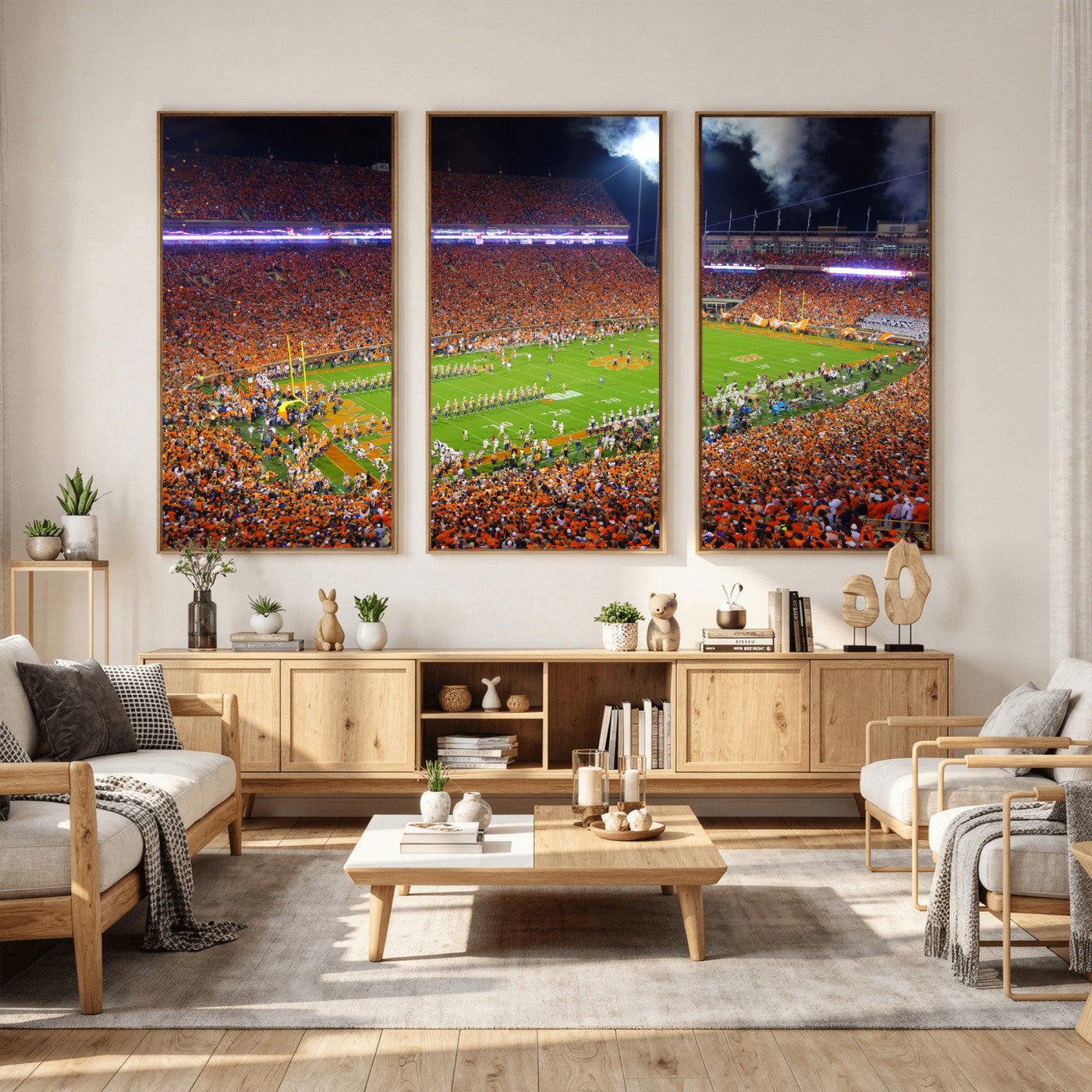 43662631-MGV-CV-36X24 - Clemson Football Stadium Wall Art Canvas Print, College Football Crowd Night Game Scene, Orange Stadium Panorama Wall Decor
