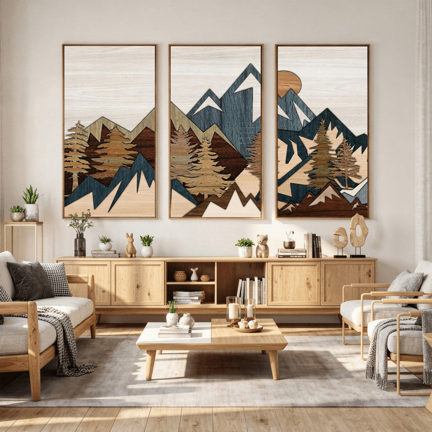 61833055-MGV-CV-36X24 - Mountain Forest Wall Art Canvas Print, Layered Wood Landscape Artwork, Rustic Nature Wall Decor for Living Room