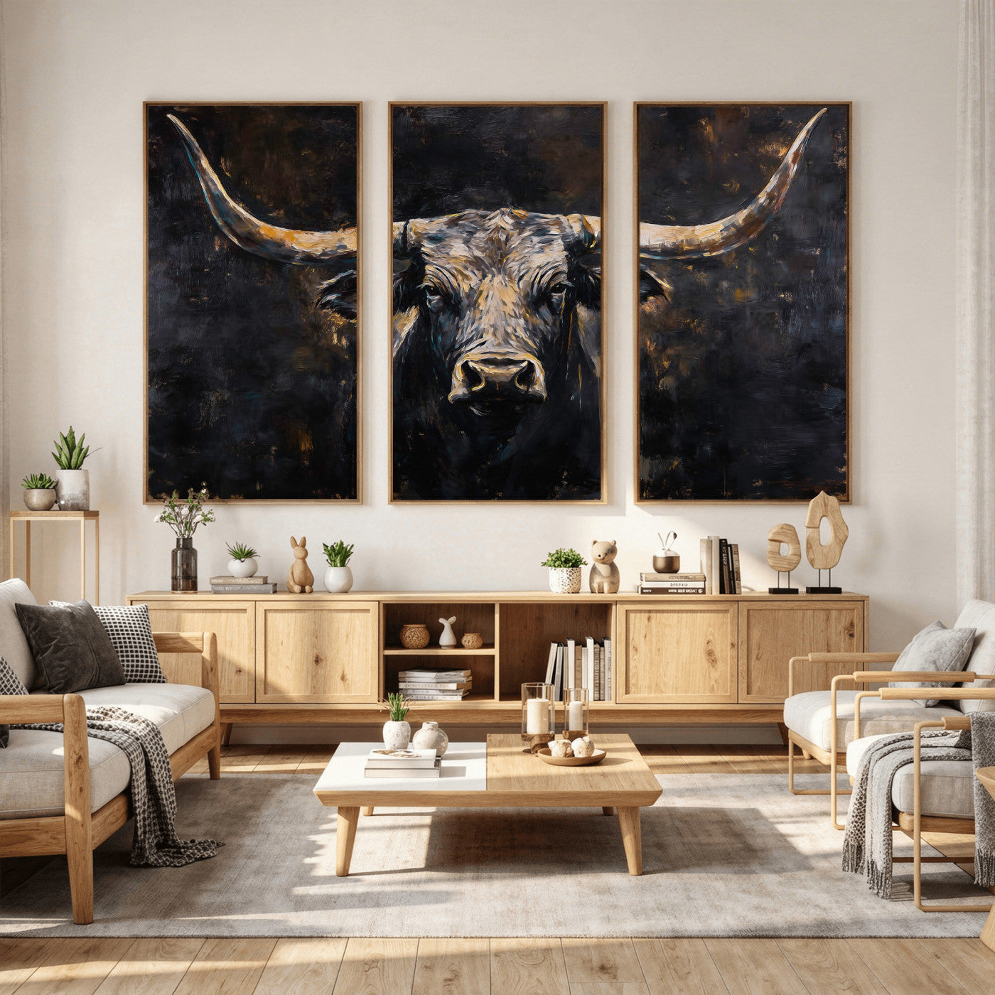 17622011-MGV-CV-36X24 - Abstract Longhorn Bull Wall Art Canvas Print – Dark Rustic Western Cattle Artwork for Farmhouse, Ranch, Cabin, and Office Decor