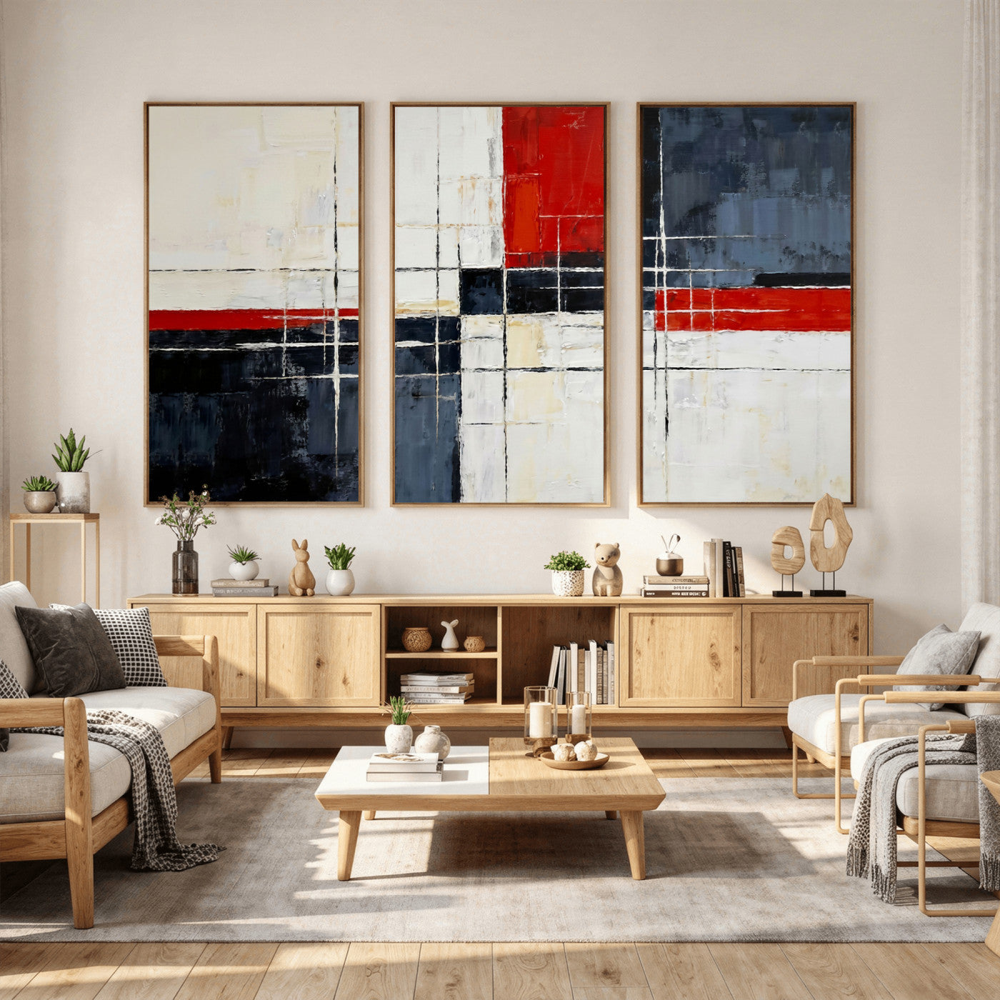 11921181-MGV-CV-36X24 - Navy Red Abstract Wall Art Canvas Print, Modern Luxury Geometric Painting Wall Decor for Living Room and Office