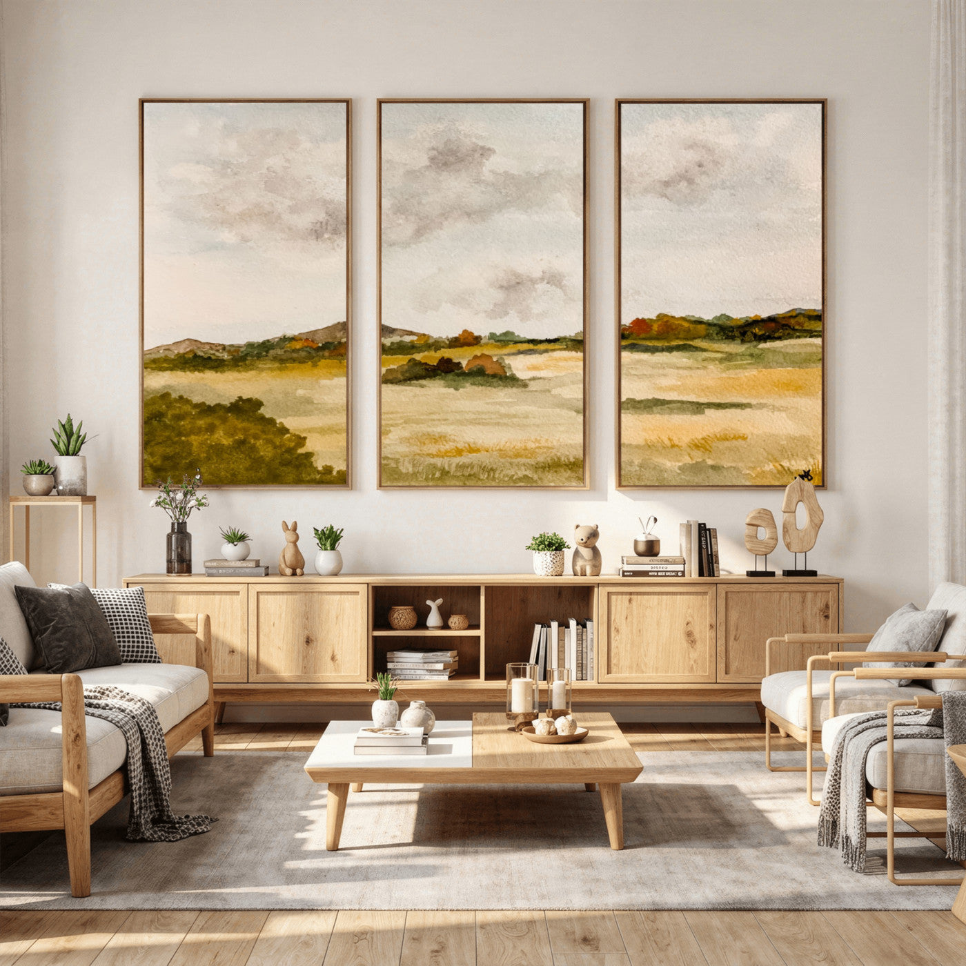 94151004-MGV-CV-36X24 - Watercolor Abstract Countryside Wall Art Canvas Print, Neutral Pastoral Landscape Painting Wall Decor for Modern Farmhouse Interiors