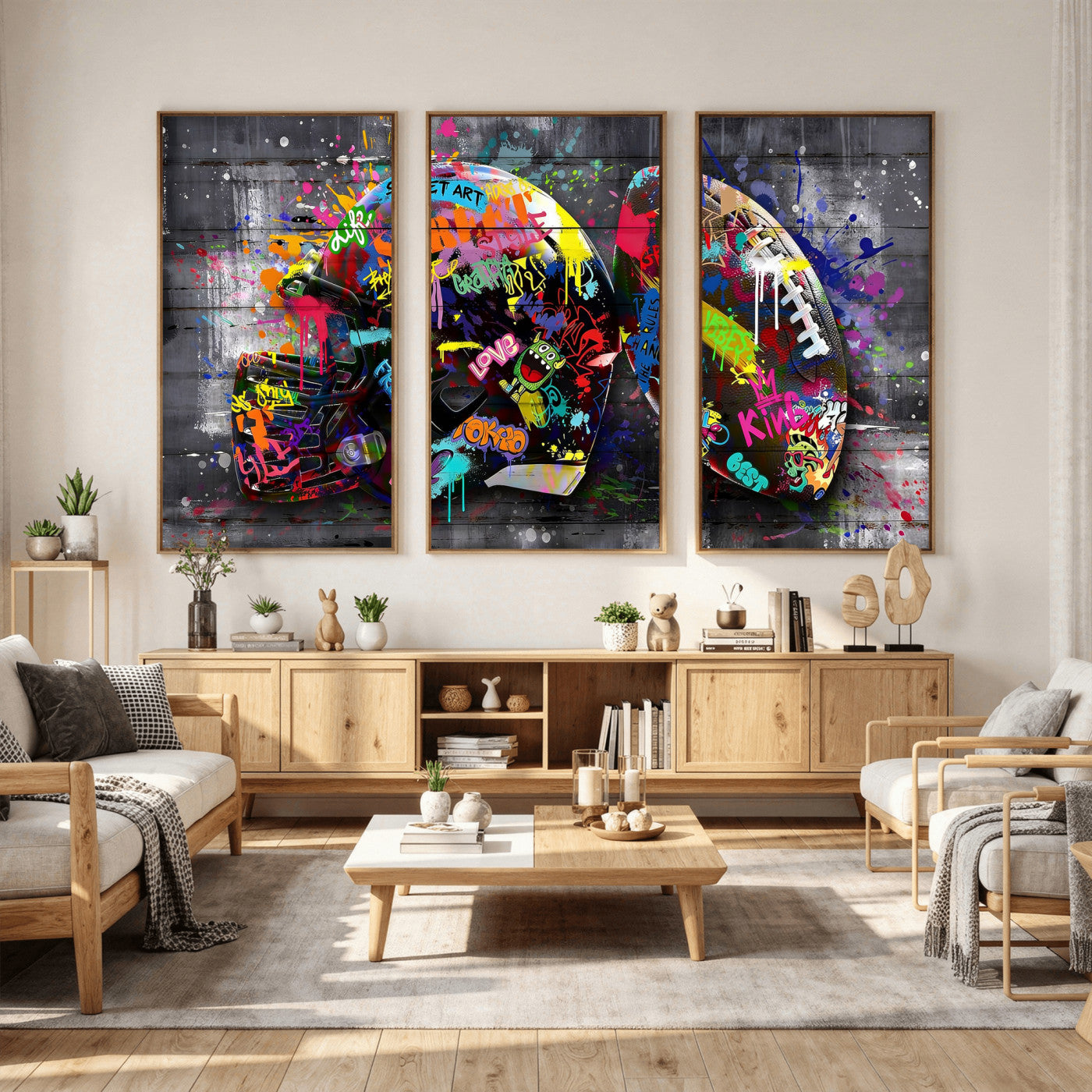 80540773-MGV-CV-36X24 - Graffiti American Football Helmet Street Art Wall Art Canvas Print, Urban Sports Pop Art Football Canvas Print, Colorful Graffiti Sports Contemporary Art Printing