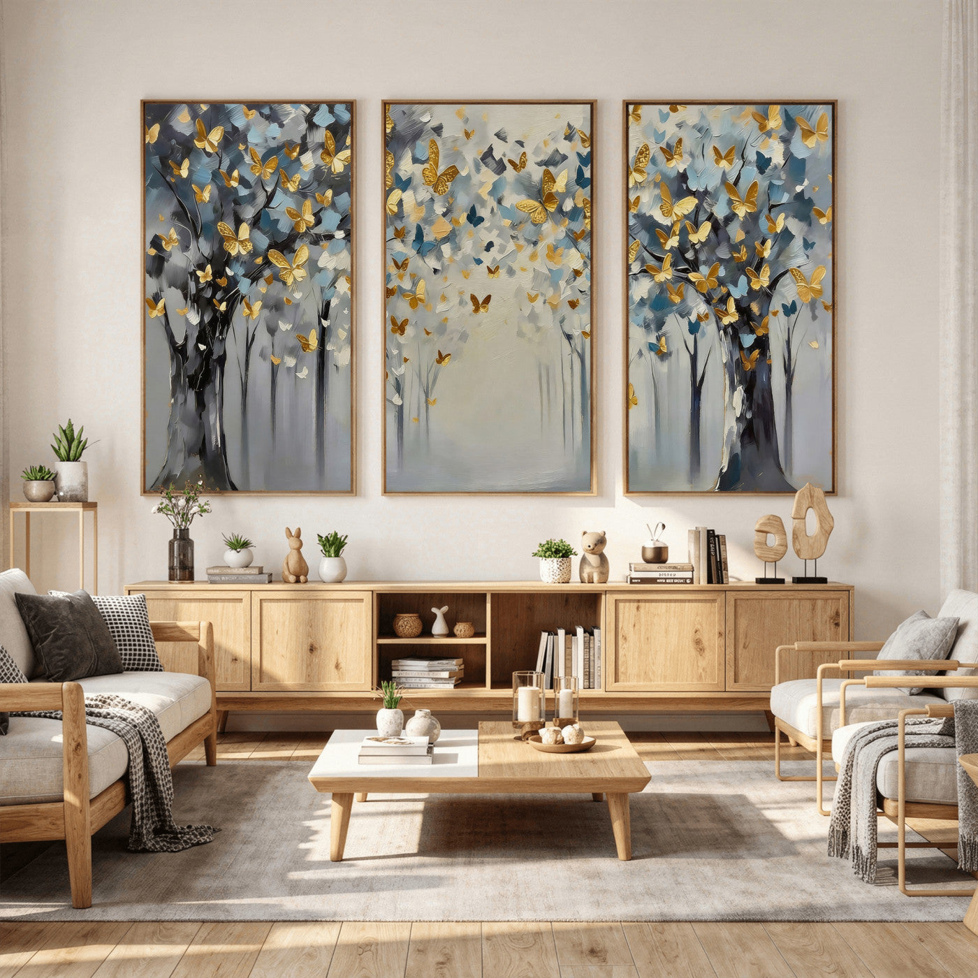 79208191-MGV-CV-36X24 - Golden Butterfly Tree Abstract Wall Art Canvas Print, Modern Elegant Nature Painting Canvas Print, Blue Gold Contemporary Floral Art Printing