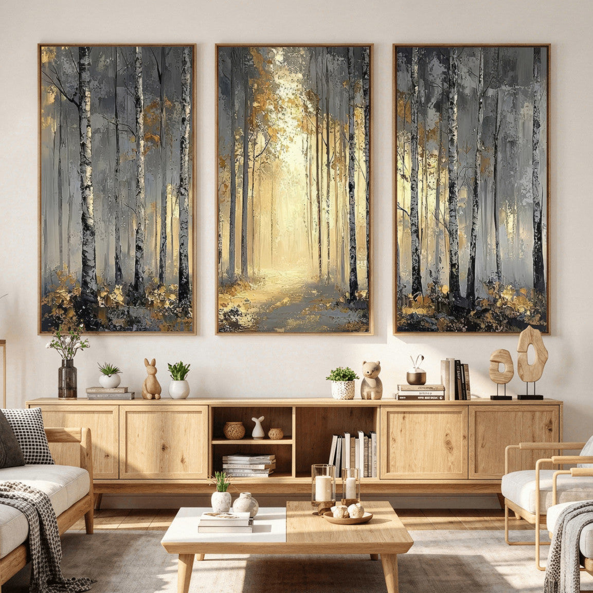 41017042-MGV-CV-36X24 - Abstract Birch Forest Wall Art Canvas Print – Modern Neutral Woodland Landscape Artwork for Living Room Decor