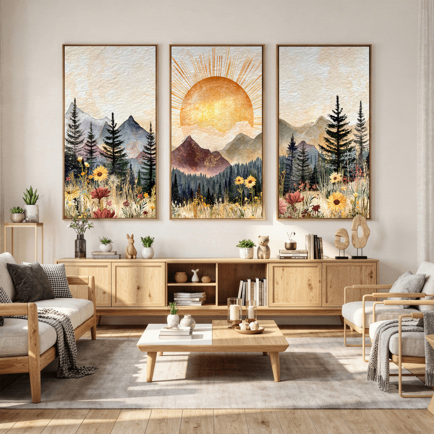 69025244-MGV-CV-36X24 - Boho Mountain Landscape Large Wall Art, Horizontal Gold Framed Canvas Print with Sun and Flowers