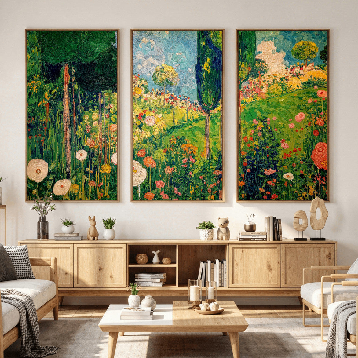 83517974-MGV-CV-36X24 - Gustav Klimt Boho Mountain Landscape Large Wall Art, Horizontal Gold Framed Canvas Print with Sun and Flowers