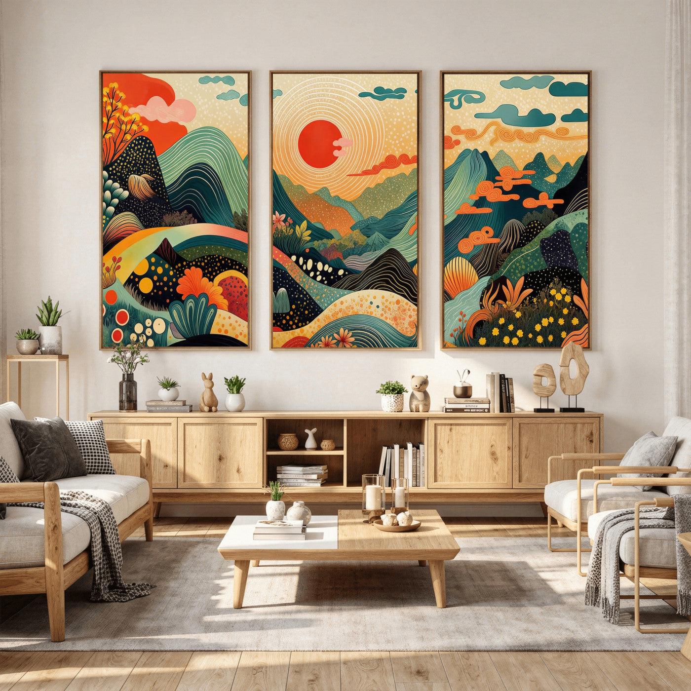 29927191-MGV-CV-36X24 - Yayoi Kusama Boho Mountain Landscape Large Wall Art, Horizontal Gold Framed Canvas Print with Sun and Flowers