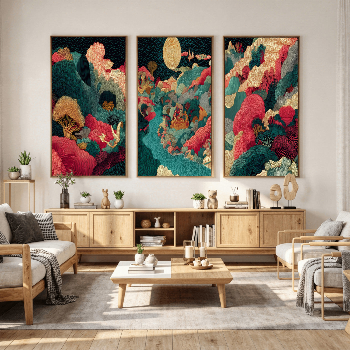 36816259-MGV-CV-48X32-3P - Colorful Japanese Landscape Print: Maximalist Panoramic Wall Art
