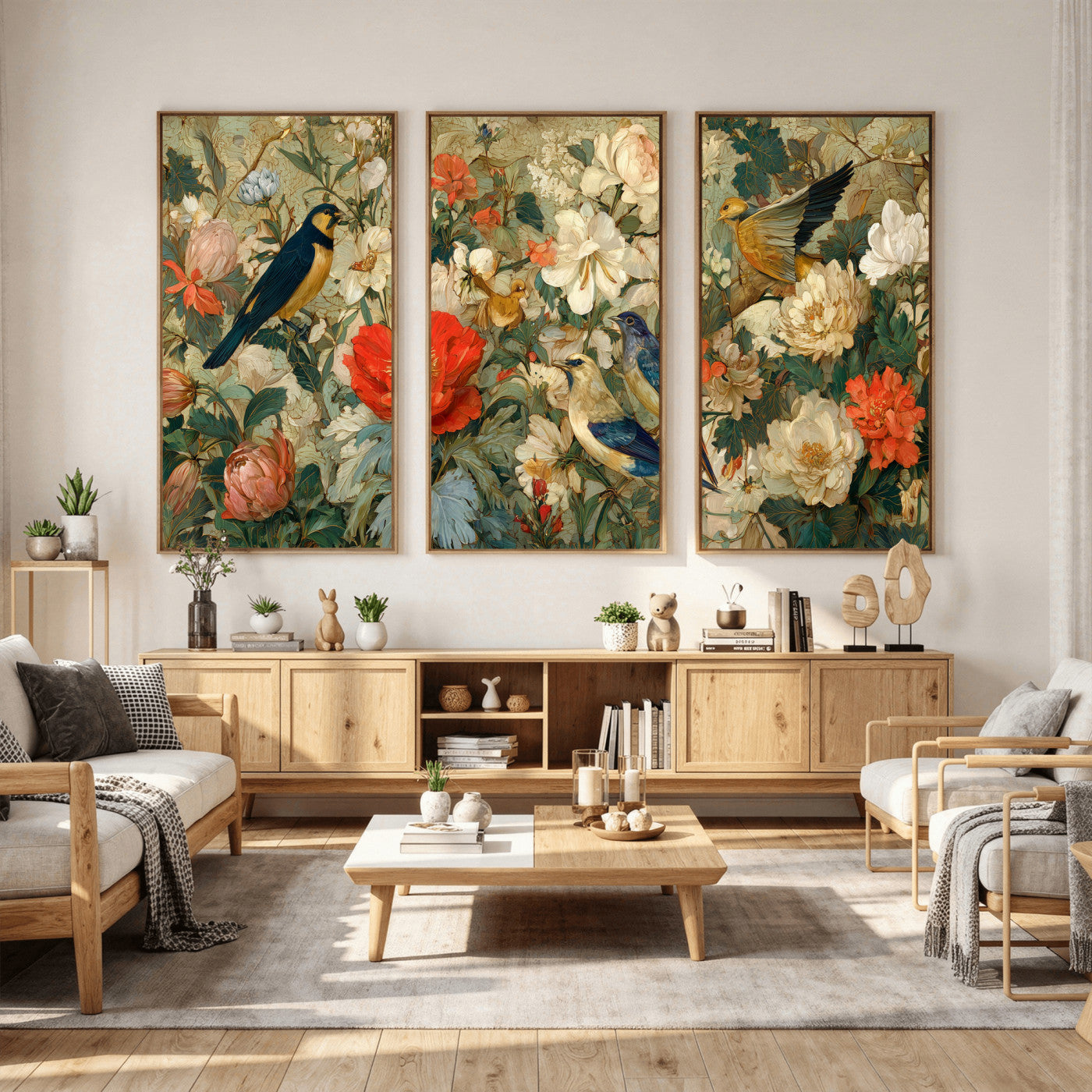 52904757-MGV-CV-36X24 - Vintage Birds and Flowers Wall Art Canvas Print, Botanical Bird Painting Canvas Print, Floral Garden Bird Artwork Canvas Print, Classic Bird Flower Painting Canvas Print