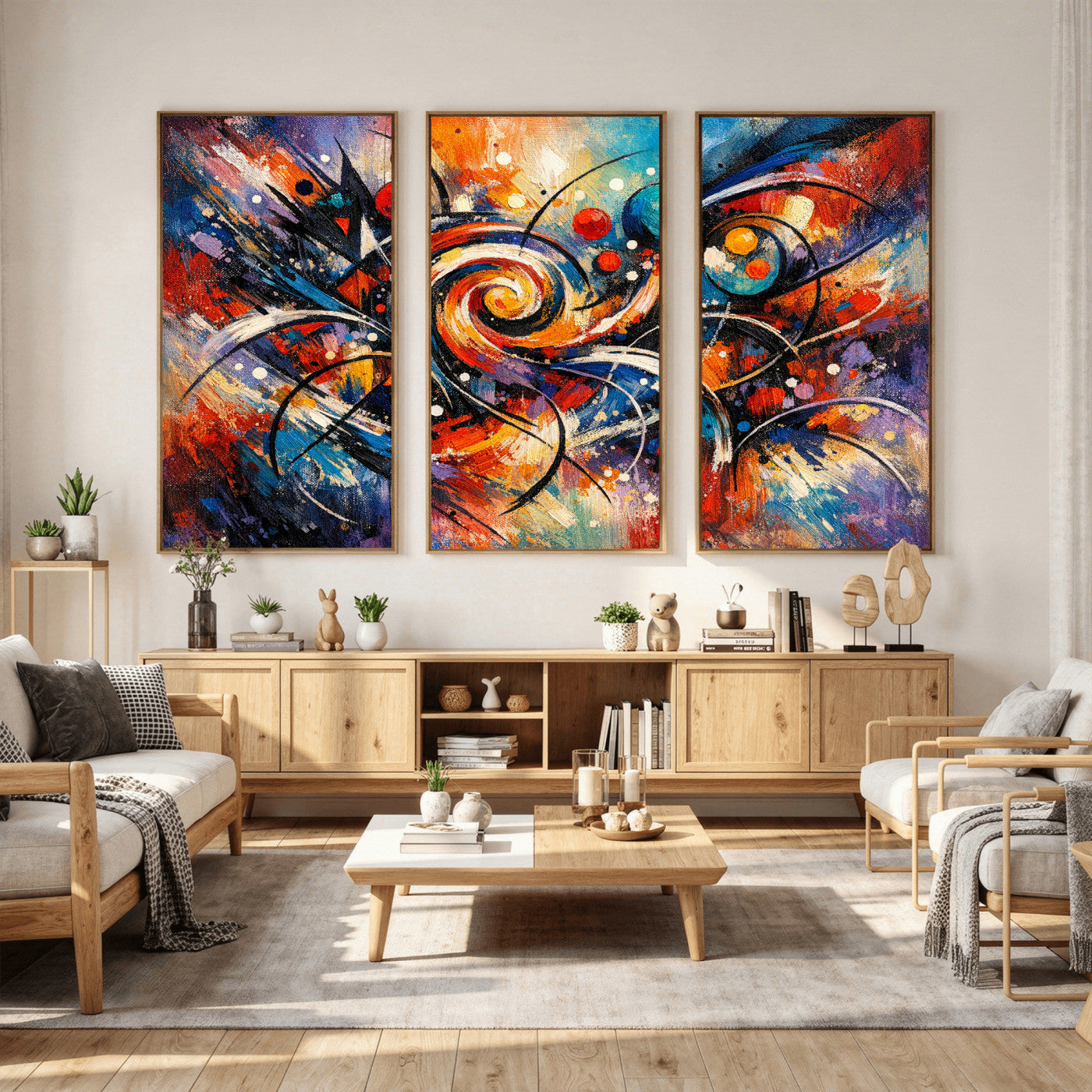 60193267-MGV-CV-36X24 - Geometric Abstract Wall Art Canvas Print, Orange Blue Abstract Expressionist Painting Print, Modern Geometric Abstract Canvas Art