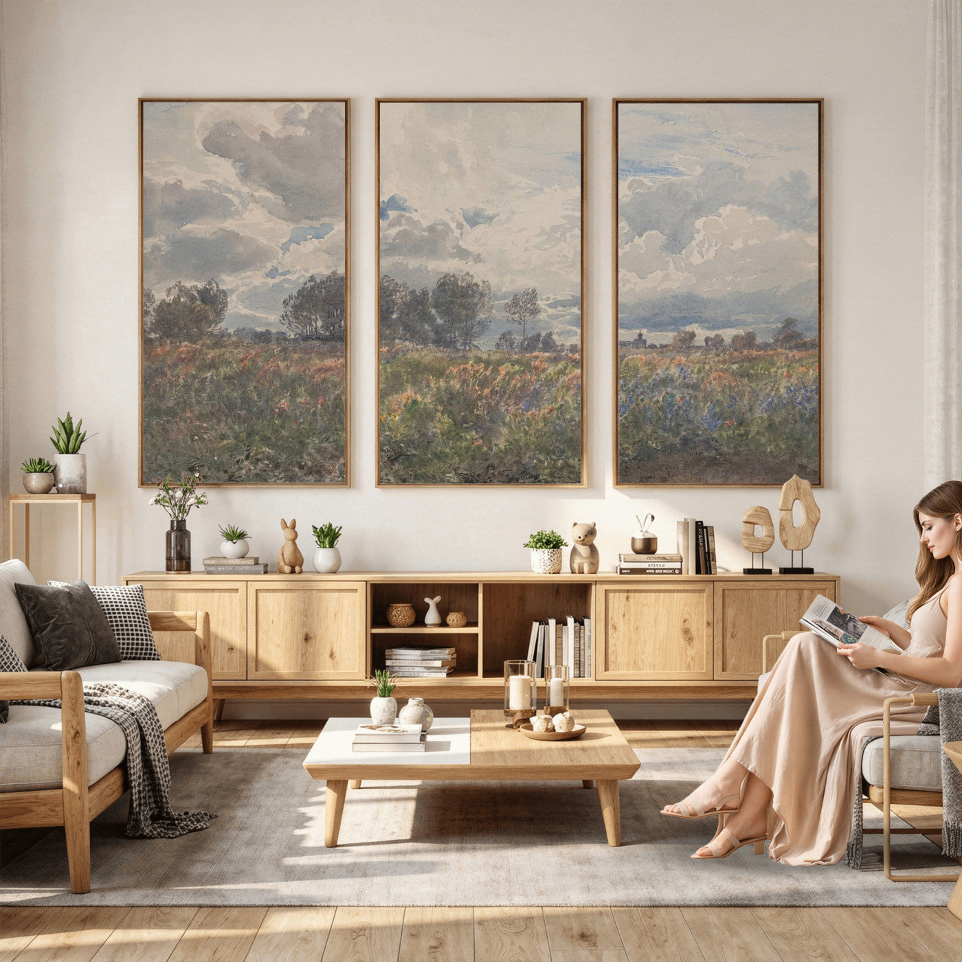 76626885-MGV-CV-36X24 - Vintage Watercolor Meadow Canvas Wall Art — English Pastoral Wildflower Storm Sky Print | Cottagecore Nature Decor | Classic Landscape Gift