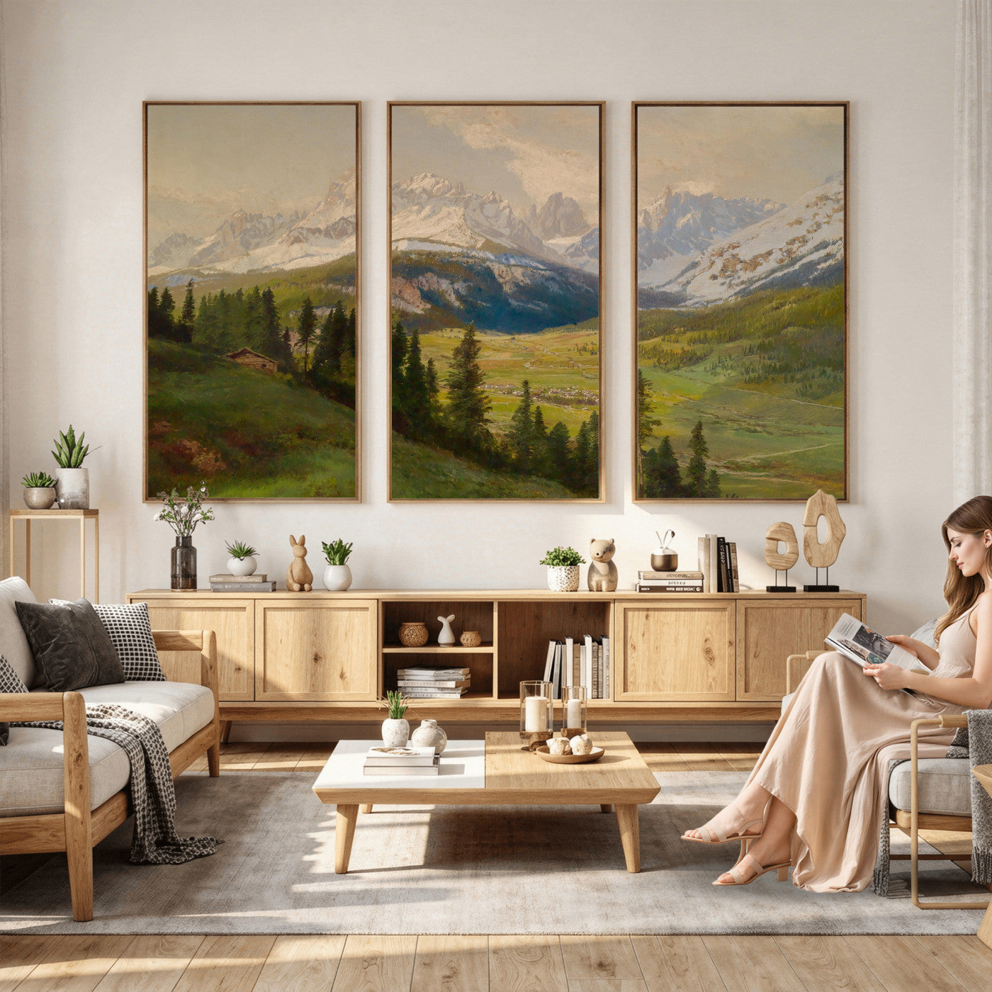 23120262-MGV-CV-36X24 - Konrad Petrides Sexten Village Canvas Print, Alpine Mountain Valley Painting, Dolomites Landscape Art