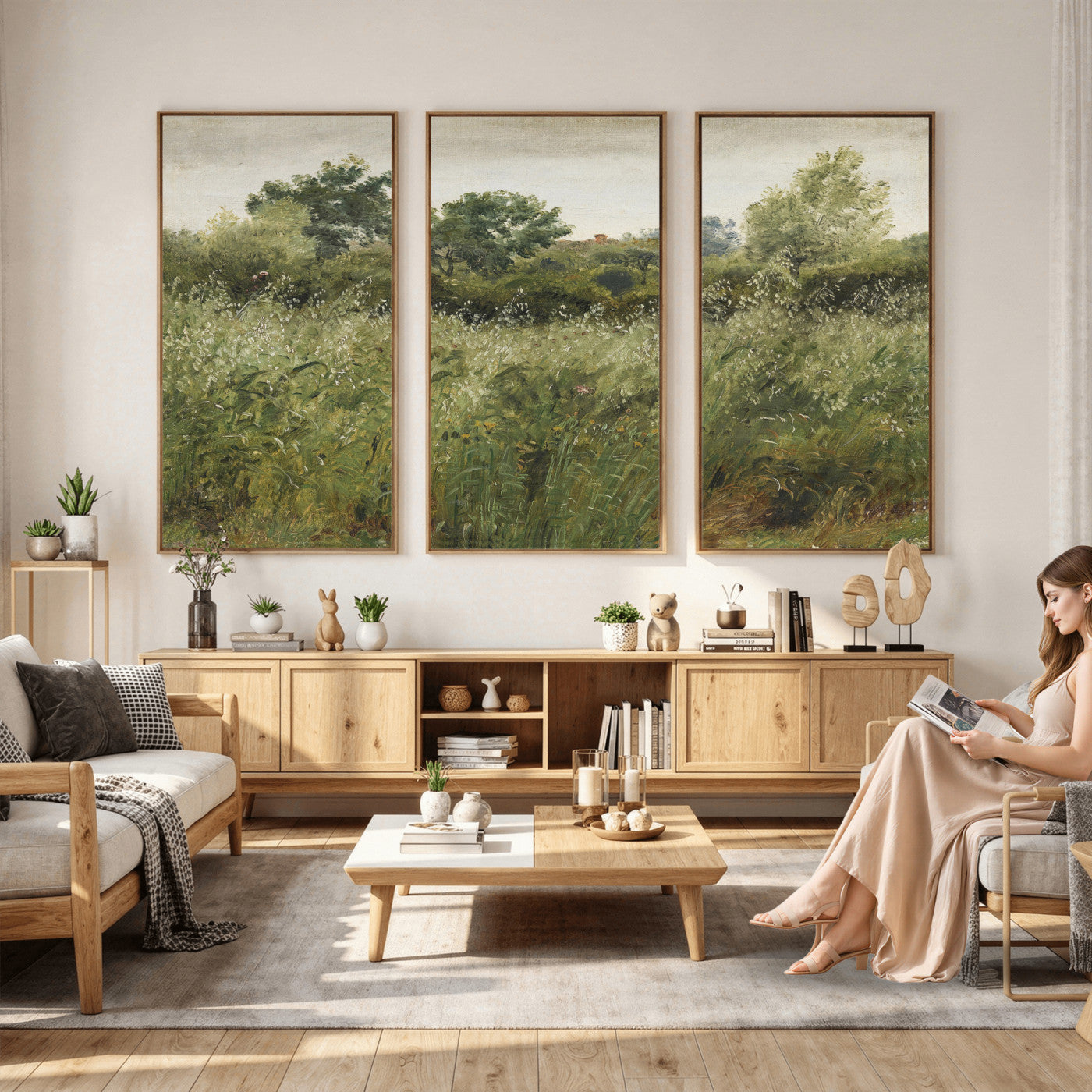 92328261-MGV-CV-36X24 - Wildflower Meadow Canvas Wall Art, Impressionist Overgrown Field Painting Print, Vintage Green Nature Decor, Cottagecore Botanical Art, Living Room Print