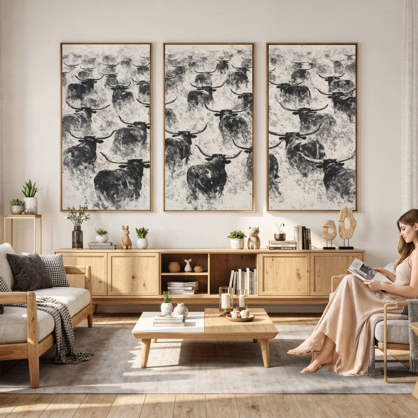 73328525-MGV-CV-36X24 - Texas Longhorn Drawing Canvas Wall Art, Western Cattle Stampede Painting Print, Warm Amber Ranch Decor, Rustic Cowboy Home Art, Large Living Room Decor