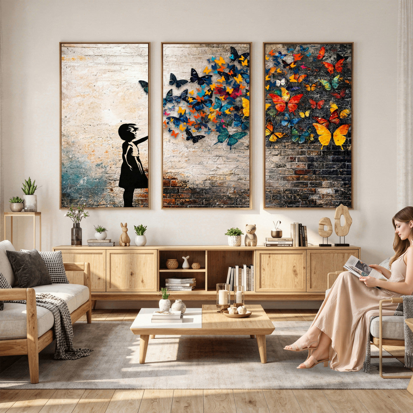 78760384-MGV-CV-36X24 - Banksy Graffiti Butterfly Girl Wall Art Canvas Print, Framed Street Art Canvas Print, Silhouette Butterfly Wall Art for Living Room Bedroom Office