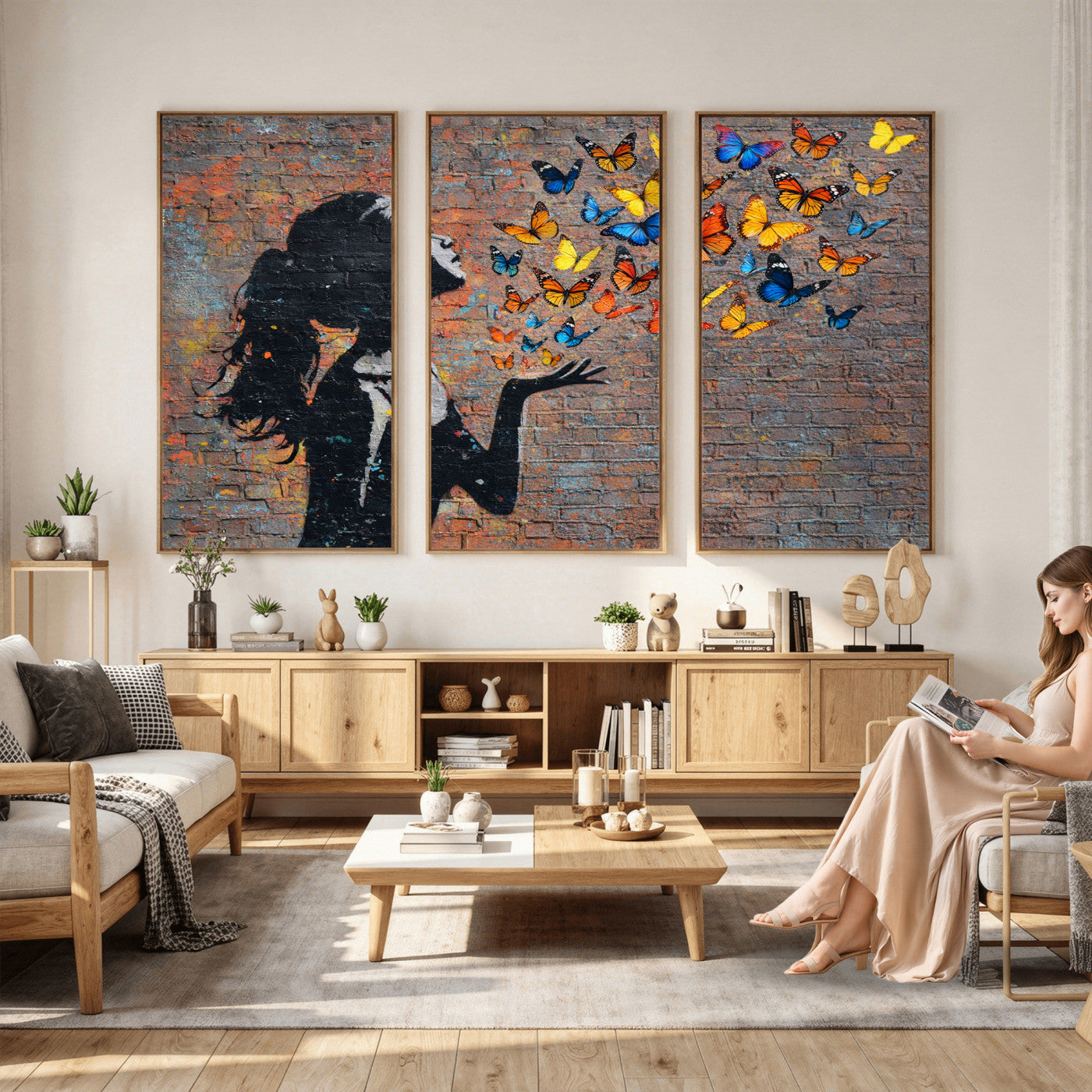 10555939-MGV-CV-36X24 - Urban Banksy Butterfly Girl Wall Art Canvas Print, Framed Street Art Canvas Print, Graffiti Silhouette Butterfly Wall Art for Living Room Bedroom Office