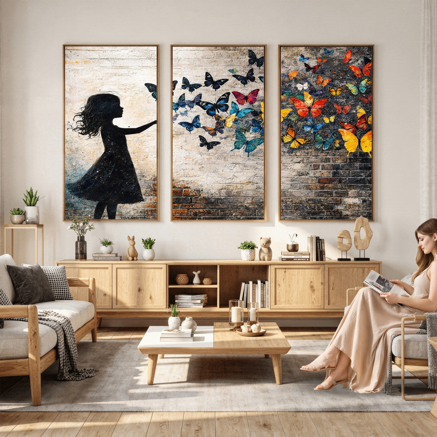 70522594-MGV-CV-36X24 - Banksy Butterfly Girl Wall Art Canvas Print, Framed Street Art Canvas Print, Graffiti Silhouette Butterfly Wall Art for Living Room Bedroom Office