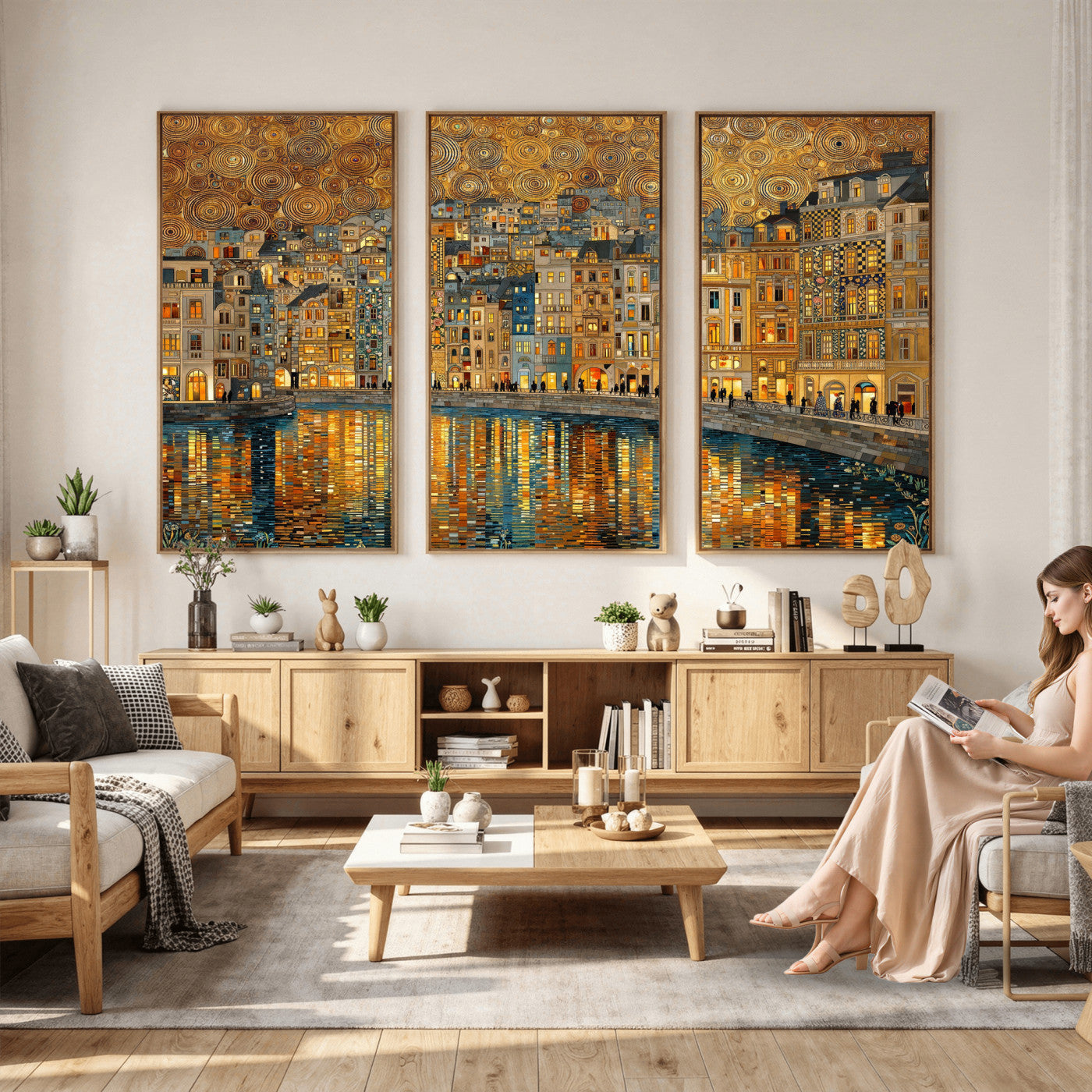 94022787-MGV-CV-36X24 - Gustav Klimt Golden Cityscape Wall Art Canvas Print, Framed River Town Landscape Artwork, Ornate Architecture Wall Decor for Living Room Bedroom Office
