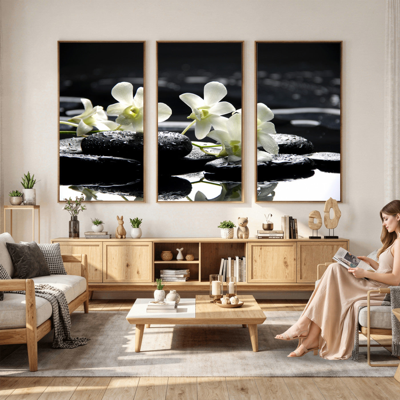 79486206-MGV-CV-36X24 - Plumeria Frangipani Black Stone Canvas | White Flower Spa Photography Print | Tropical Zen Wall Art | Grey Pebble Floral for Meditation Room Decor