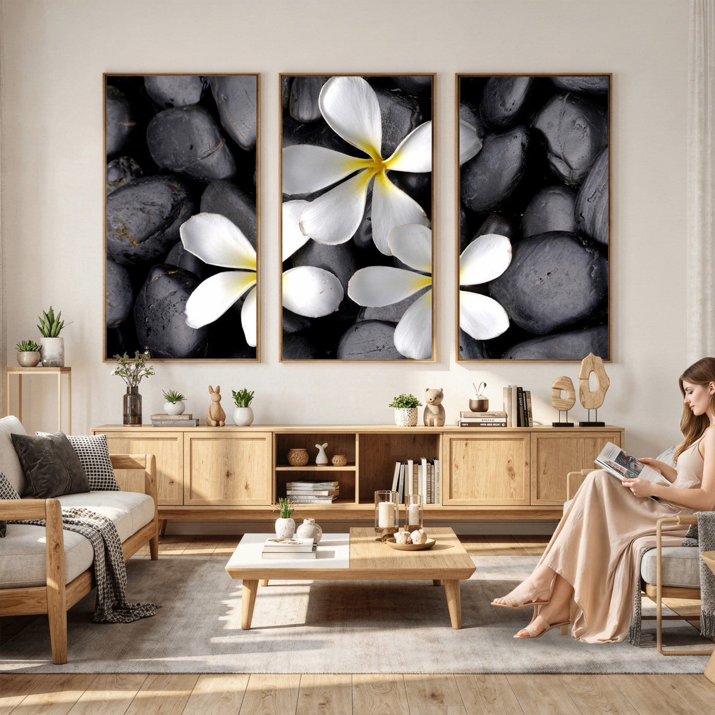 43639613-MGV-CV-36X24 - Plumeria Frangipani Black Stone Canvas | White Flower Spa Photography Print | Tropical Zen Wall Art | Grey Pebble Floral Decor