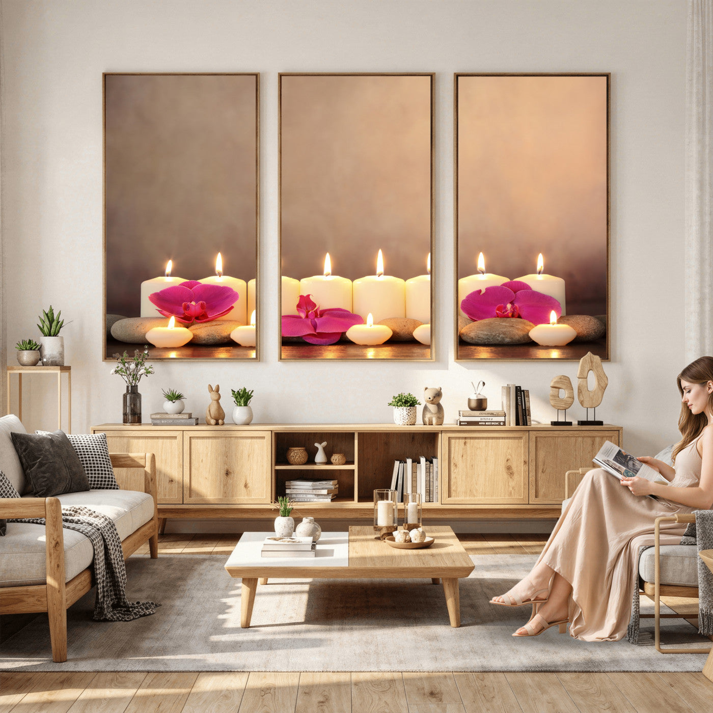 59470569-MGV-CV-36X24 - Spa Candles Orchid Canvas Print | Zen Wellness Relaxation Wall Art | Pink Flower Candlelight Bathroom Decor | Calm Beige Photography