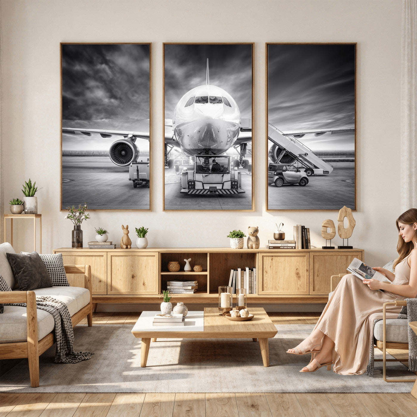 85885848-MGV-CV-36X24 - Airplane Wall Art Canvas Print, Black and White Jet Aircraft Airport Runway Framed Aviation Artwork for Pilot Office Hangar Travel Decor