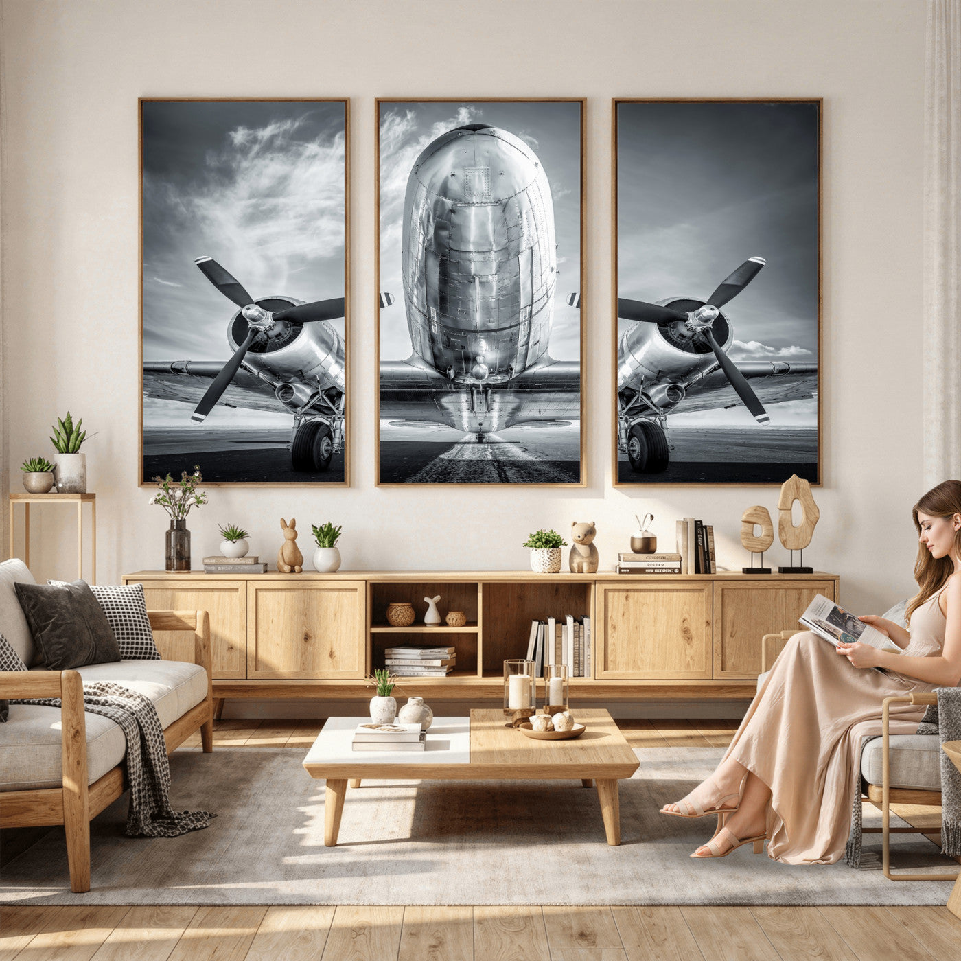 59729636-MGV-CV-36X24 - Vintage Propeller Plane Wall Art Canvas Print, Black and White Airplane Engine Close Up Framed Aviation Artwork for Pilot Office Hangar Decor