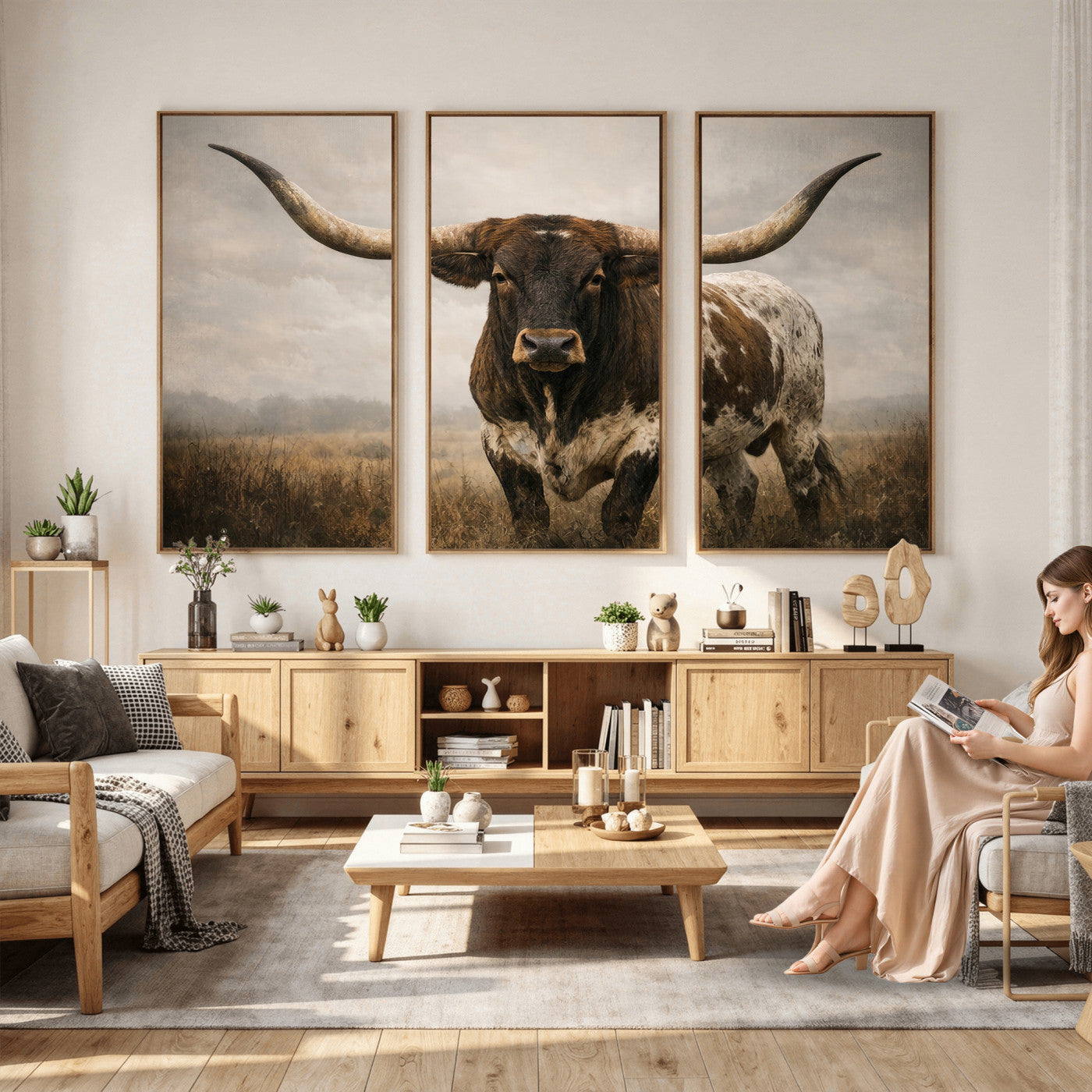 17622011L-MGV-CV-36X24 - Longhorn Bull Wall Art Canvas Print, Western Farmhouse Cowboy Decor, Rustic Texas Ranch Cattle Artwork for Living Room Bedroom Office, Framed Wall Decor
